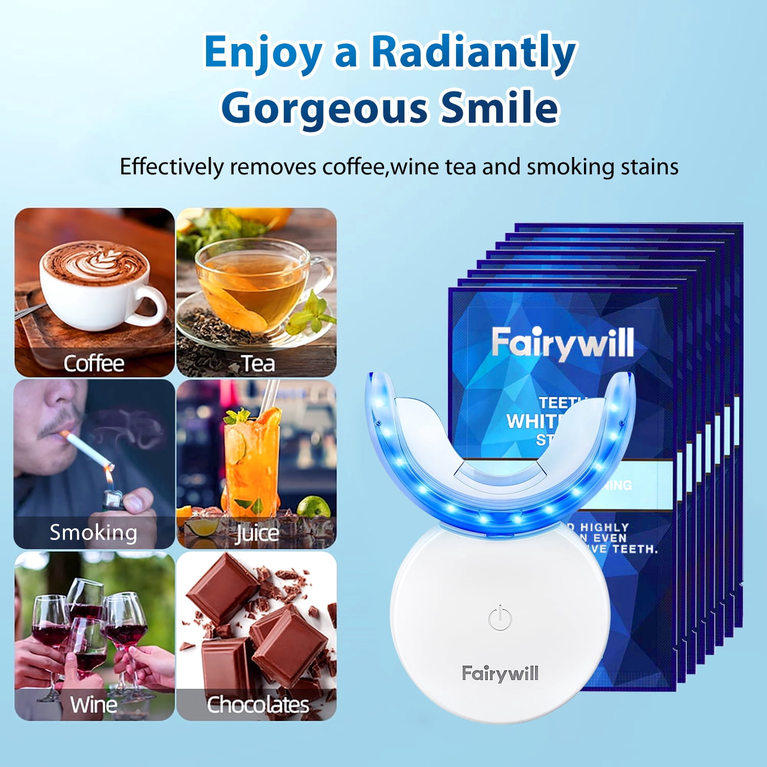 Fairywill LED Teeth Whitening Strips Kit with Blue Light Accelerator (White, 28 Strips) 95cho