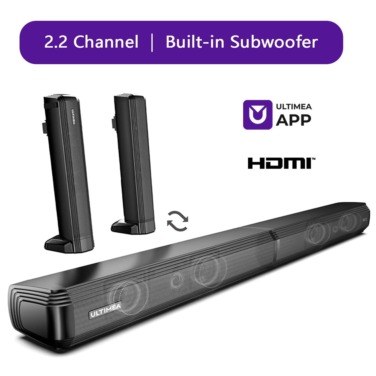 Ultimea 2.2ch Soundbar for TV, Detachable Bluetooth 5.3 Surround Sound System with Built-in Dual Subwoofer and Bassmax Technology (Black, 1 Unit) 4mvp4