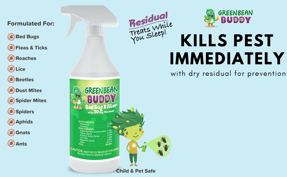 Green Bean Buddy Bed Bug, Flea, Tick, and Roach Killer Spray (Green, 32 oz) w2pmf