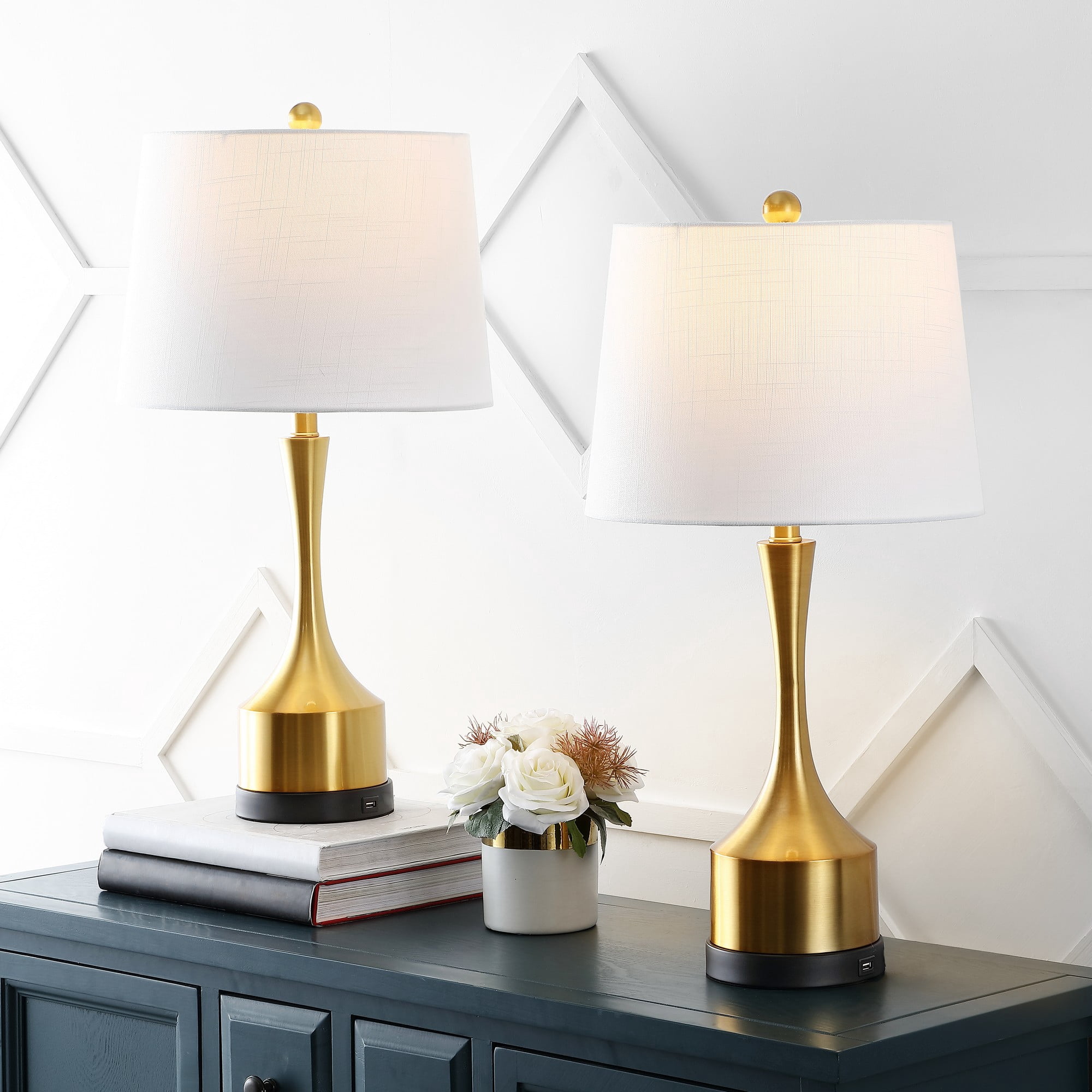 JONATHAN Y Cooper Classic French Country Iron LED Table Lamp with USB Charging Port (Brass Gold, 26 in, Set of 2) f1ypw