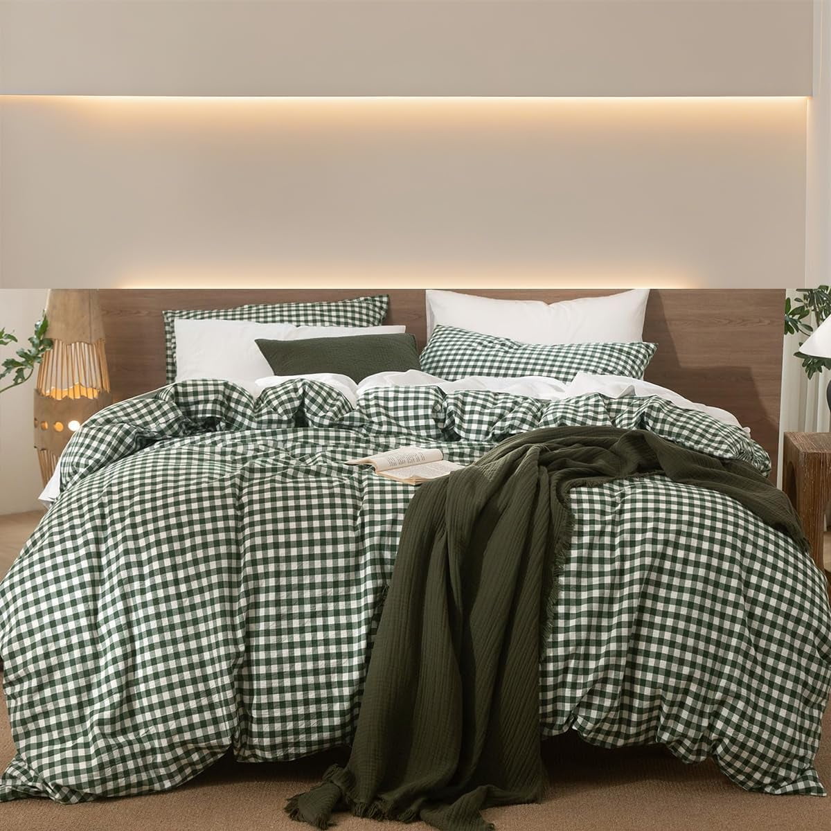 Nayoroom Organic Cotton Gingham Duvet Cover Set, Breathable Textured Bedding with Corner Ties (Dark Green, Queen) ctzkp