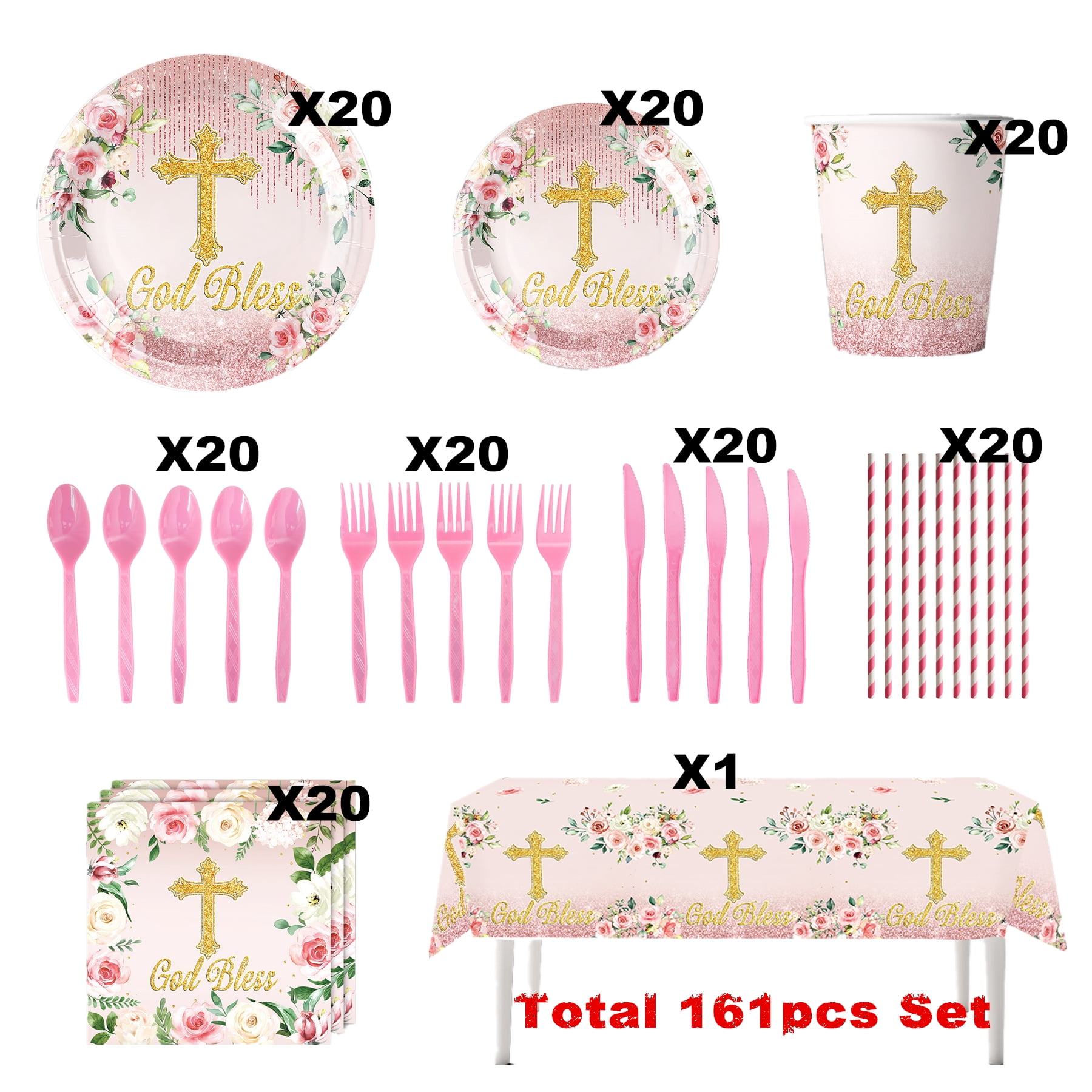 Generic God Bless Party Tableware Set, Baptism First Holy Communion Decorations (Pink, 161 Pcs) u7dx4