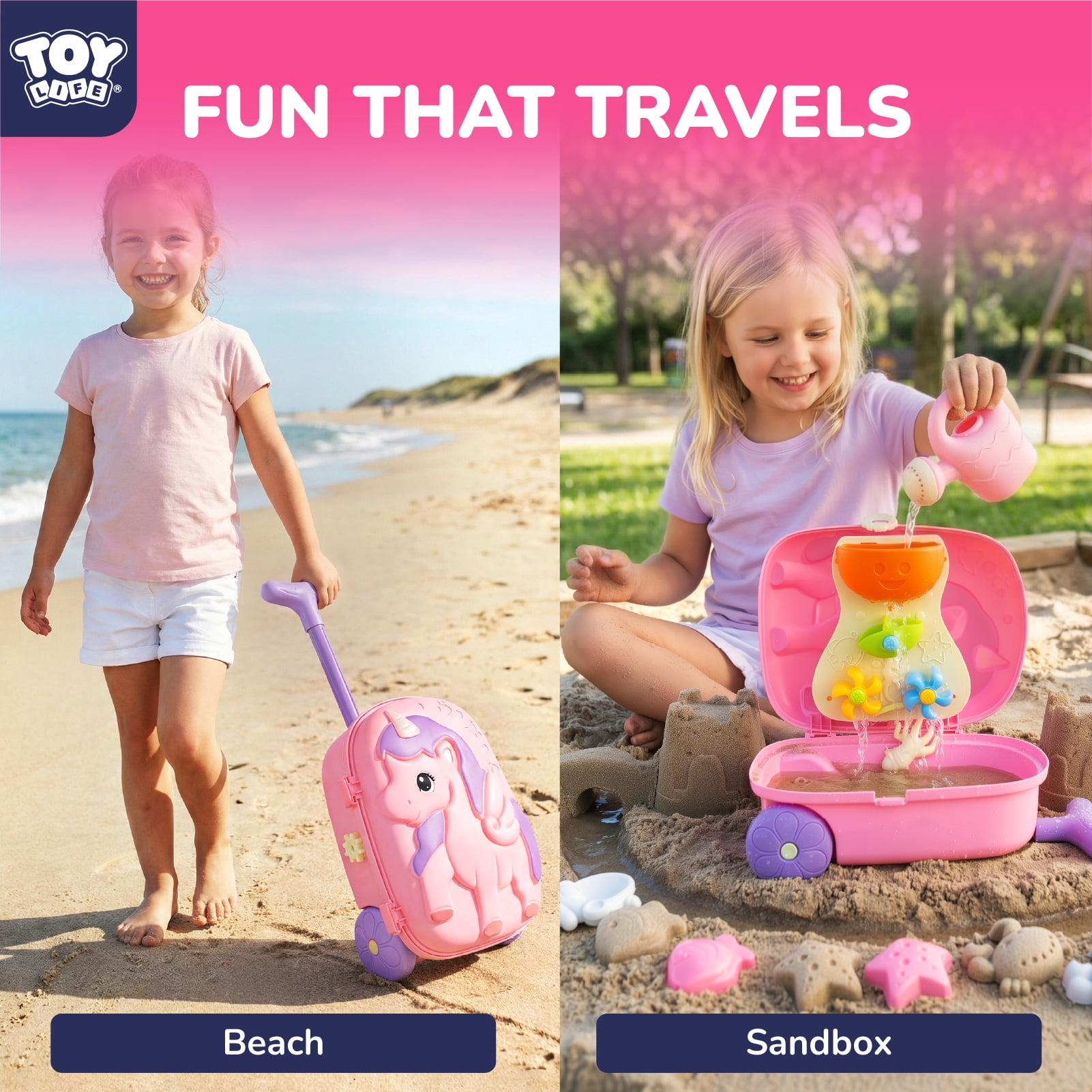 Toy Life Rolling Unicorn Sand Toy Set with Water Play Luggage (Pink, 8-Piece Set) z5nhs
