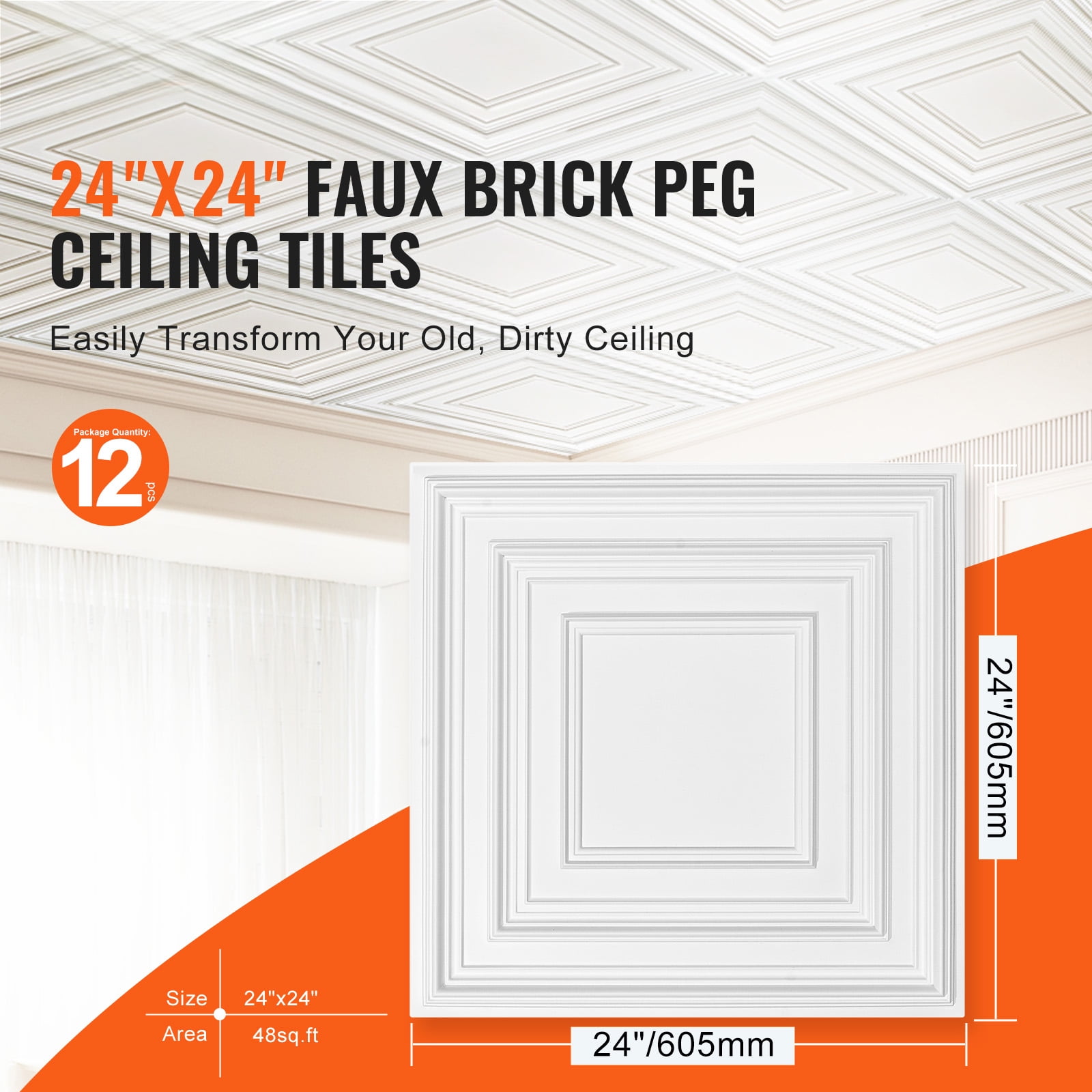 KFFKFF Drop-In Ceiling Panels, Premium PVC Decorative Tiles for Home and Office, Waterproof and Moisture-Resistant (White, 12 Pack, 24x24 in) g3dq8