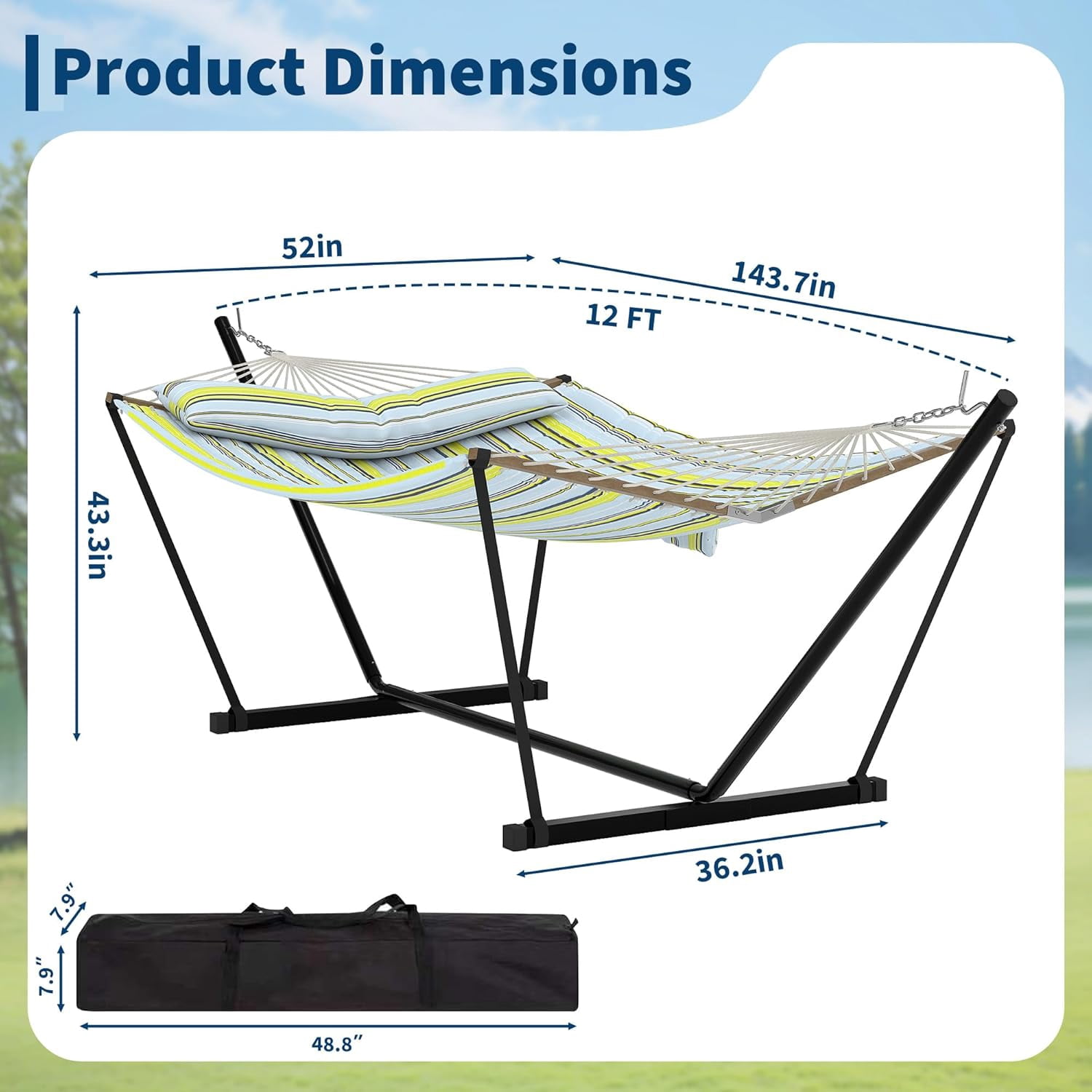 GARVEE Double Hammock with Stand, Heavy-Duty Outdoor Swing Bed with Adjustable Steel Frame (Blue & Green Stripes, 143.7 in) 9i0ty