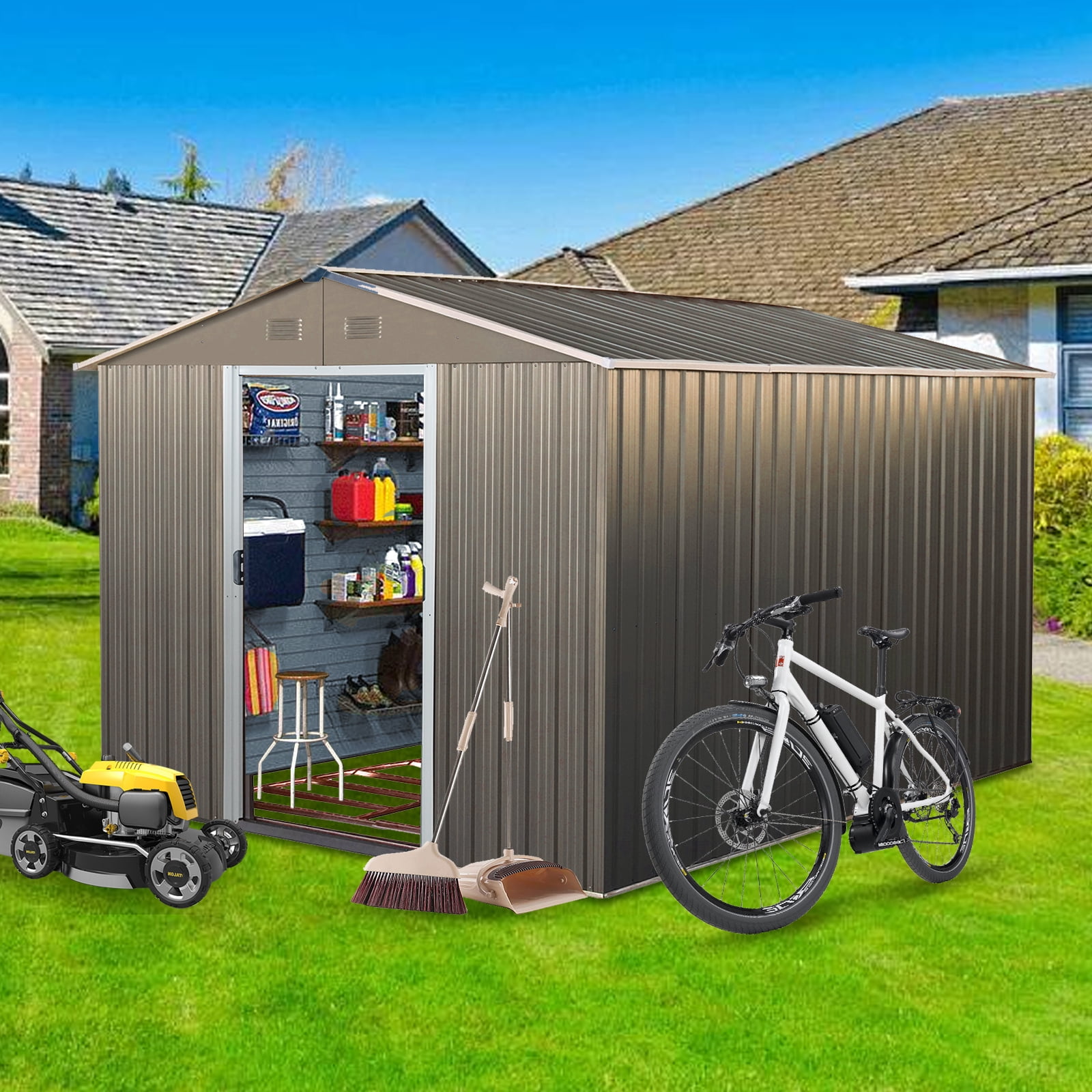 LofyJoy Metal Outdoor Storage Shed, Weather-Resistant Backyard Garden Tool Organizer with Lockable Sliding Doors and Vents (Grey, 8 ft x 10 ft) fm73f