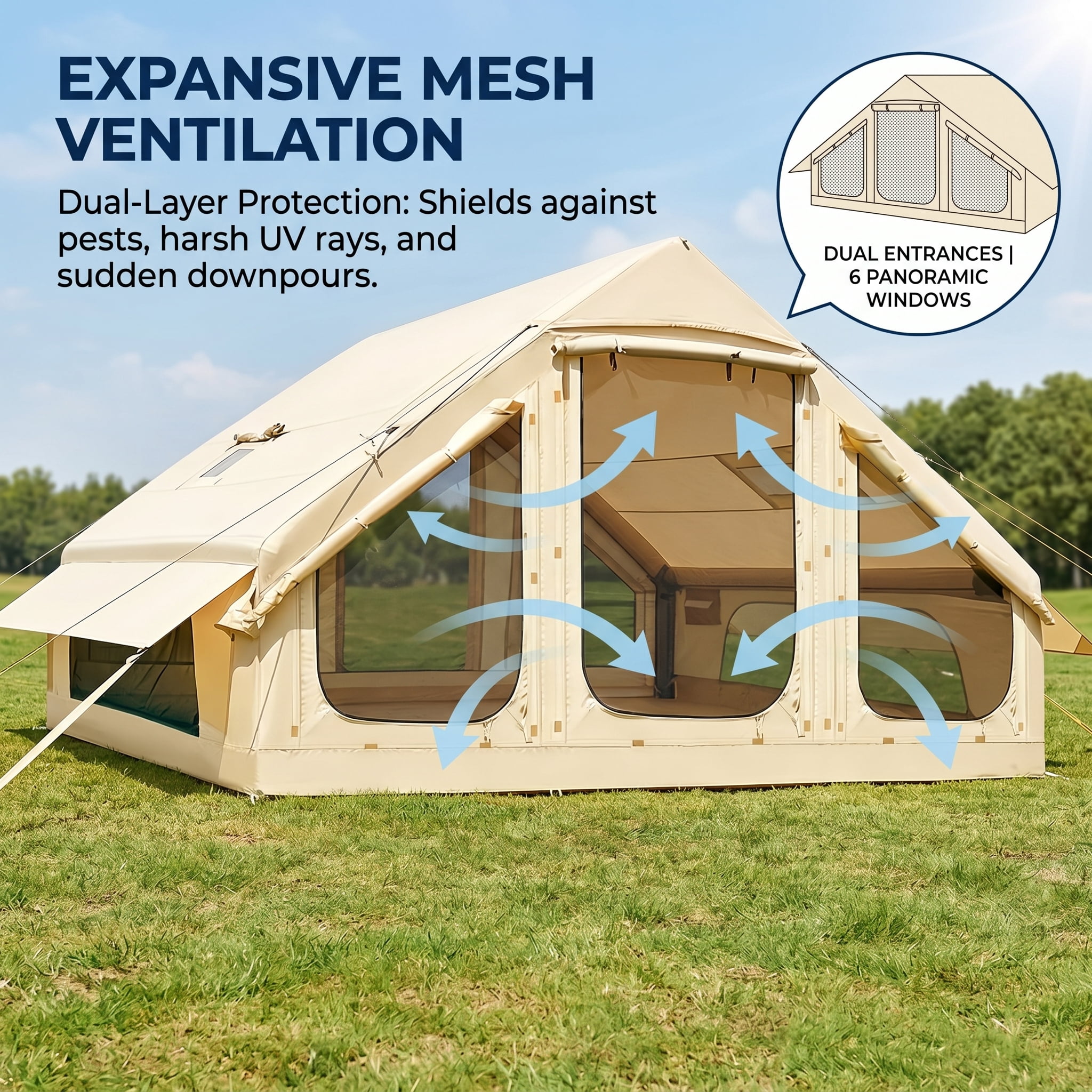 Lilypelle Inflatable Camping Tent with Stove Jack, Waterproof 4-6 Person Glamping House (Beige, 9.8 ft x 6.9 ft x 6.4 ft) i913e