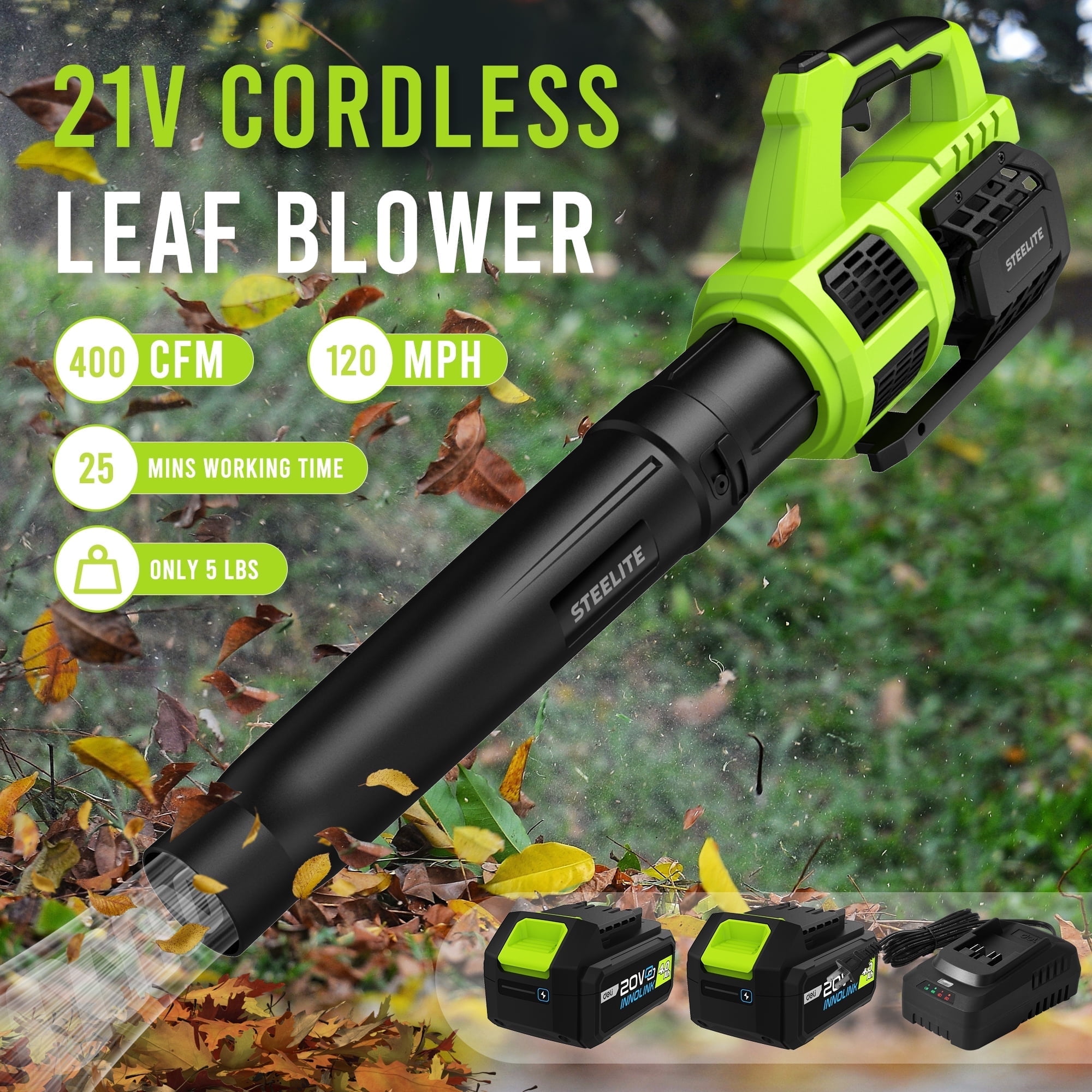 Steelite 21V Cordless Leaf Blower, High-Performance Electric Yard Blower with 2 x 4.0Ah Batteries and Charger (5 lb) e8q6q