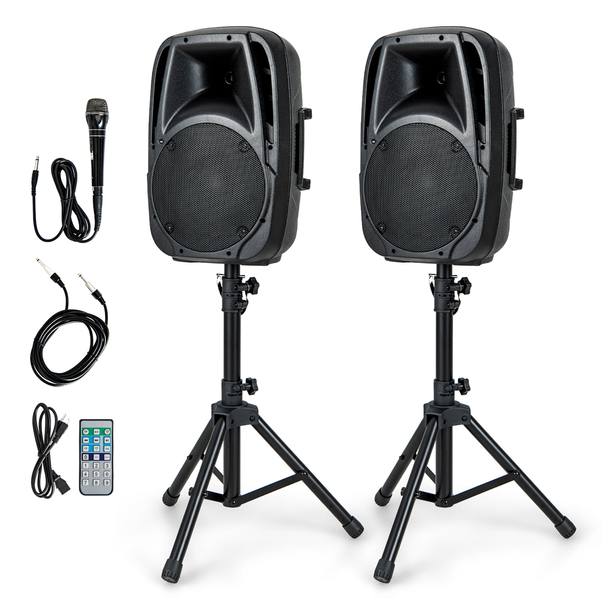 Costway Sonart Dual Portable Powered Loudspeaker System with Adjustable Tripod Stands (Black, 12 in x 10.5 in x 16.5 in) blunu