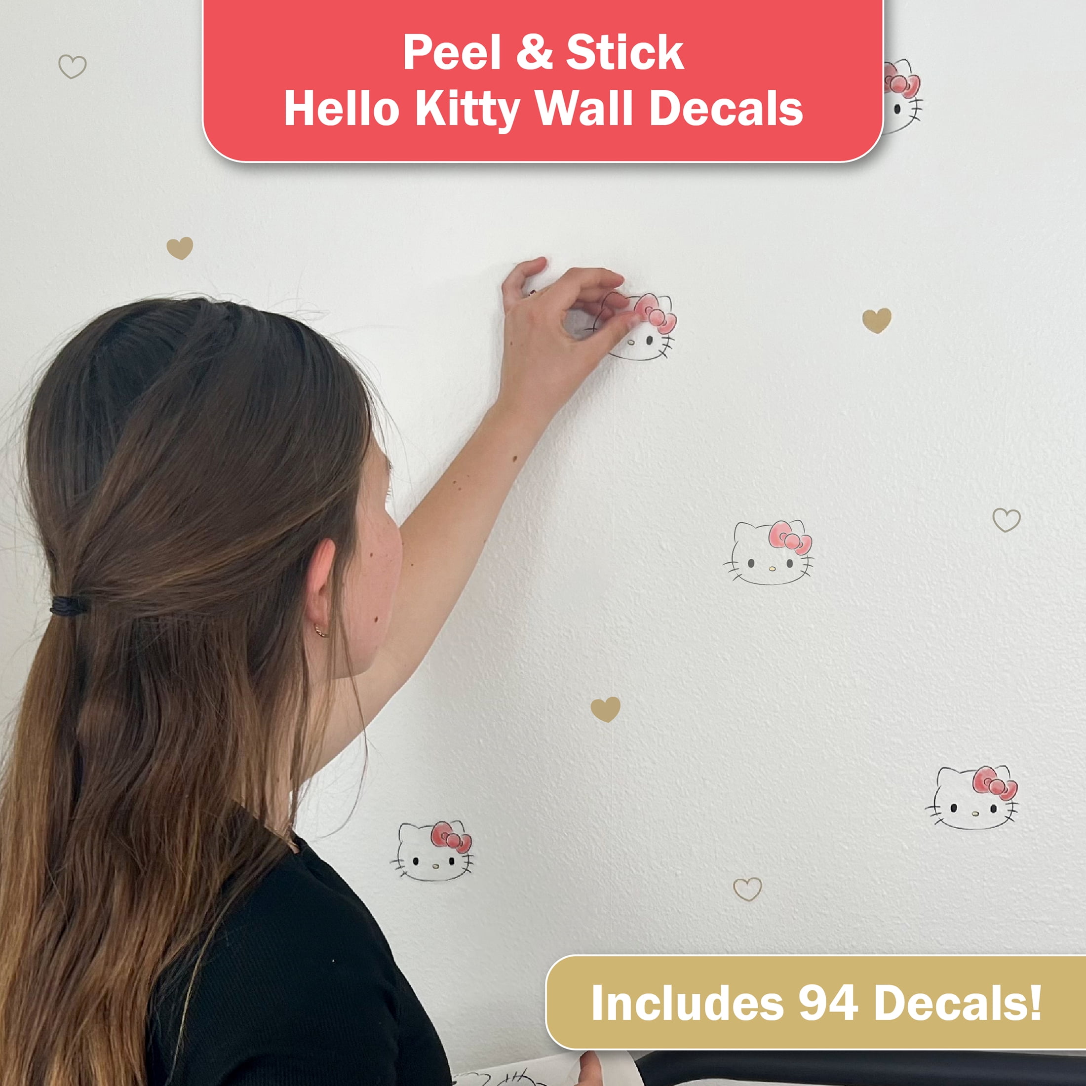 Wall Palz Hello Kitty Vinyl Wall Decals Peel and Stick Room Decor (Pink, 94 Count) lzjqu
