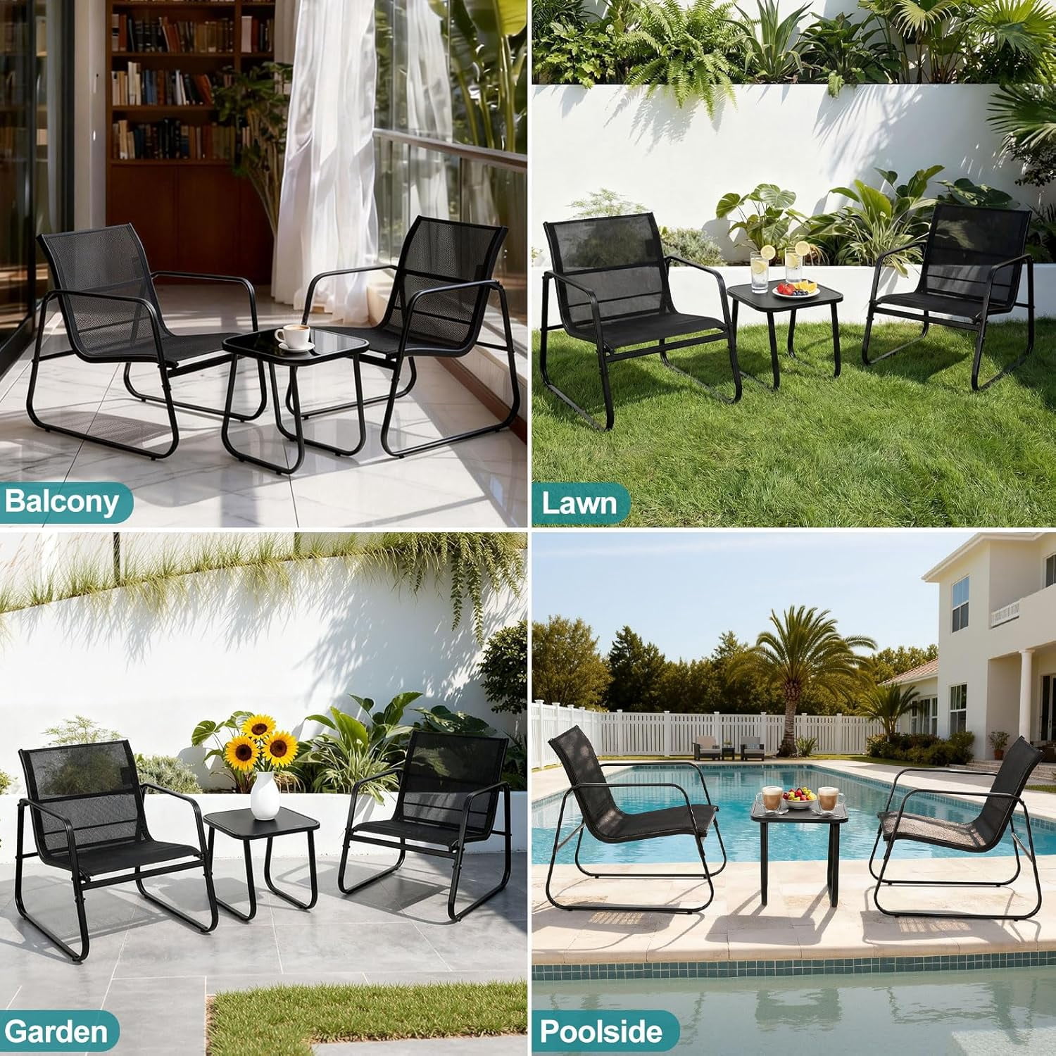 Betcozy 3-Piece Outdoor Bistro Set, Patio Conversation Furniture with Textilene Chairs and Tempered Glass Side Table (Black, 3-Piece Set) v61h2