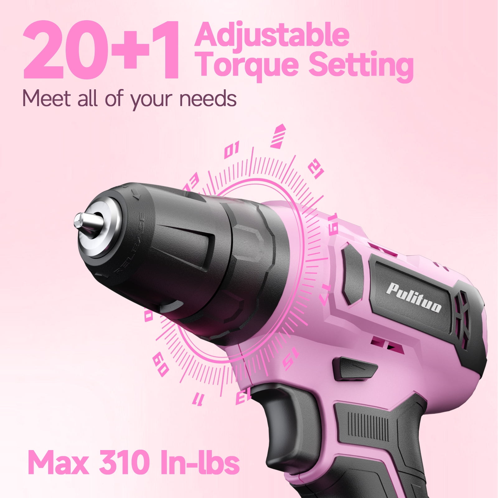 Pulituo 20V Cordless Drill Driver Kit, 238-Piece Home Repair Tool Set with Battery and Storage Case (Pink, 238-Piece) dxrfn