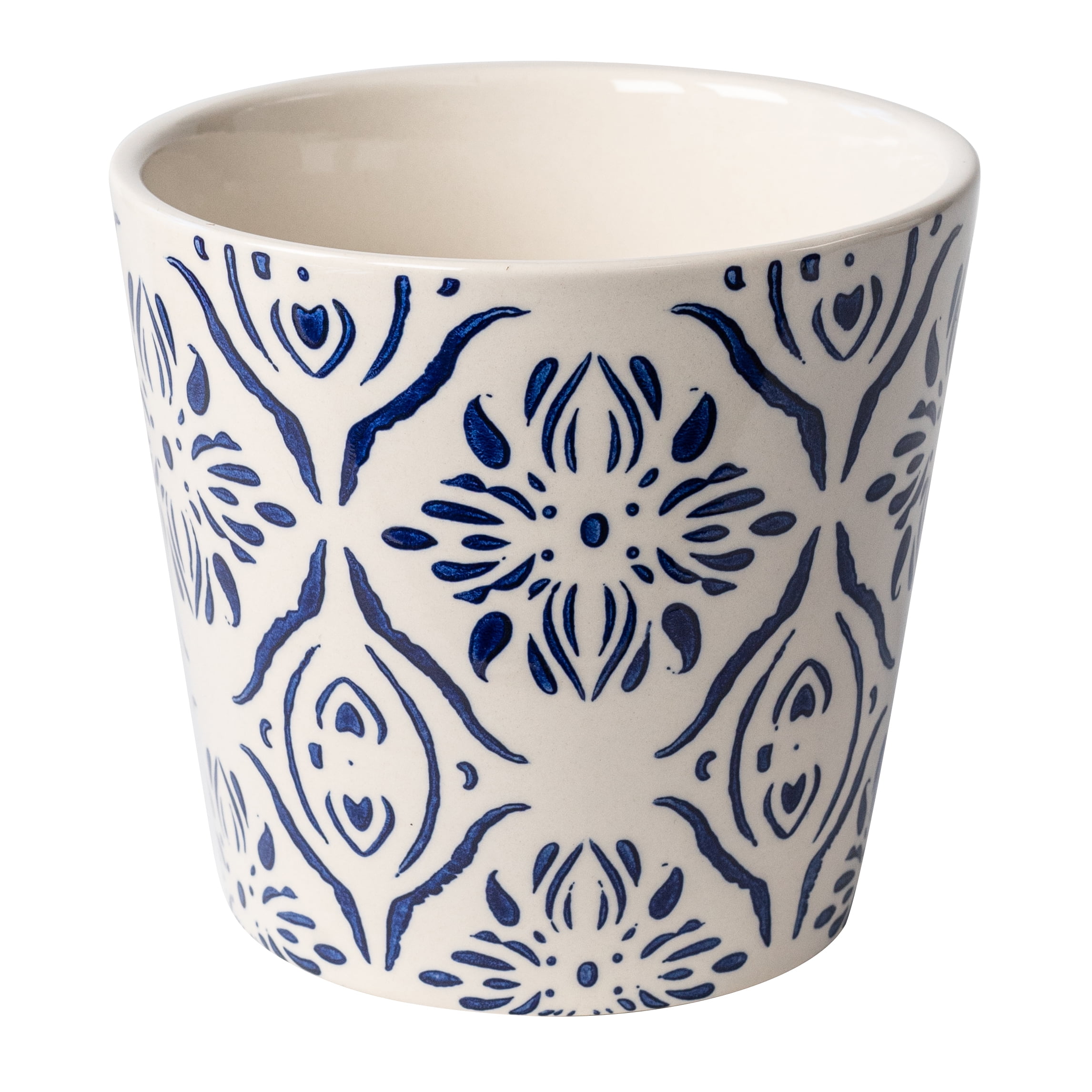 Mainstays Round Ceramic Plant Planter with Medallion Pattern (Blue, 6 in x 5.5 in) e8dna