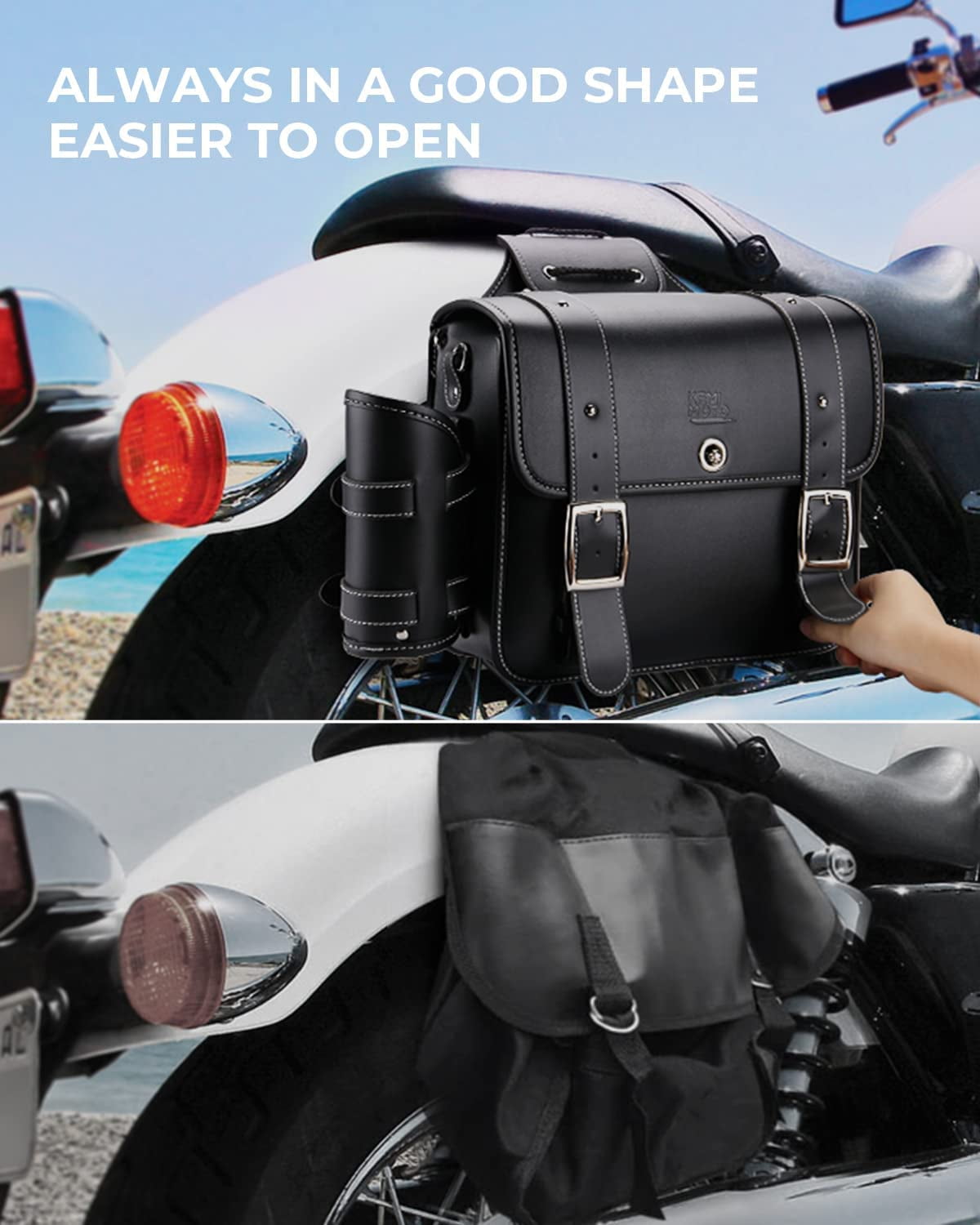 KEMIMOTO Motorcycle Saddlebags Universal Faux Leather Side Luggage Bags with Cup Holder (Black, 20L) cust7