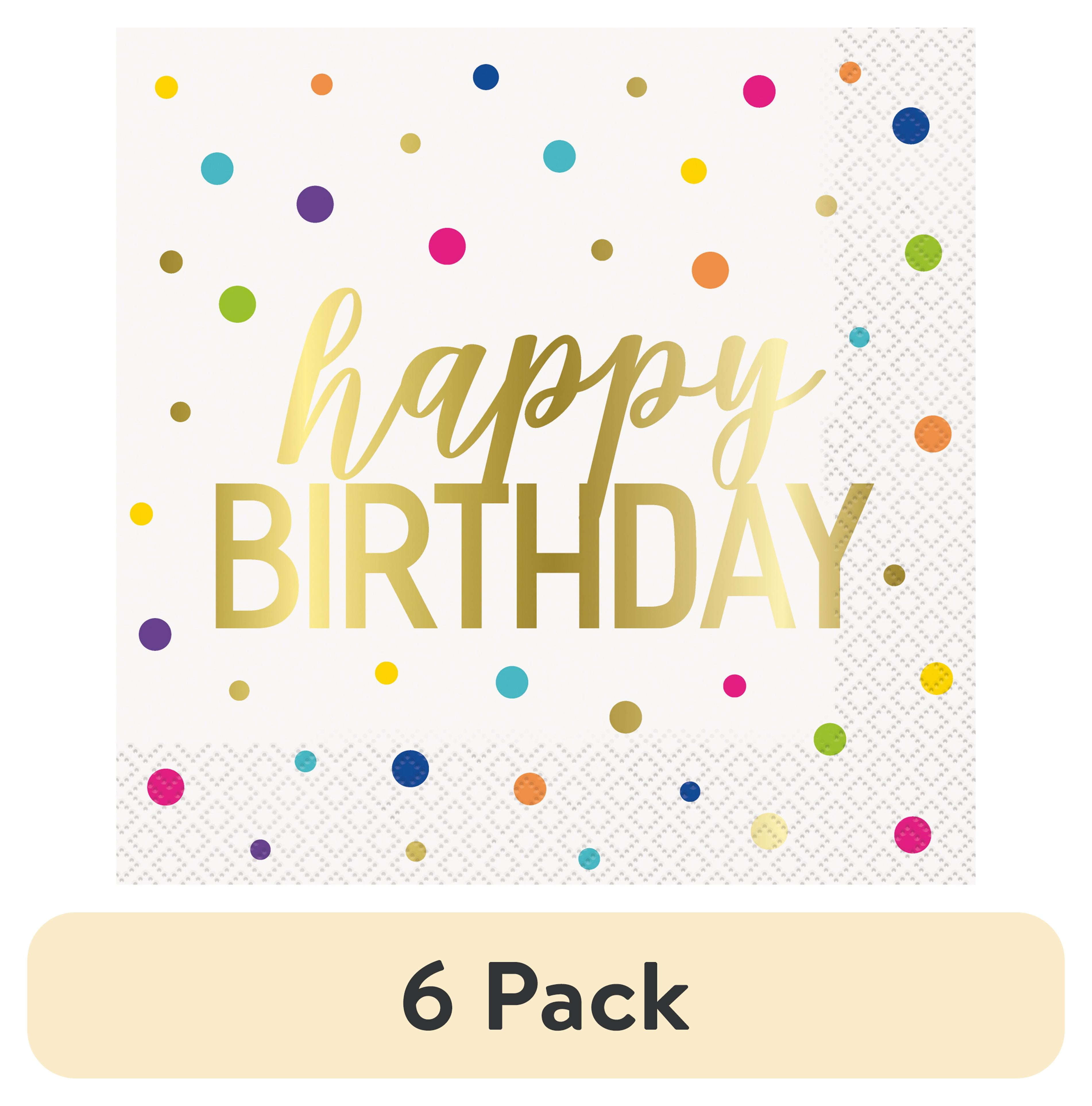 Cake Time Happy Birthday Disposable Paper Napkins, Multicolor Polka Dot Party Supplies (6 Pack, 16 Count per Pack) 8kl4z