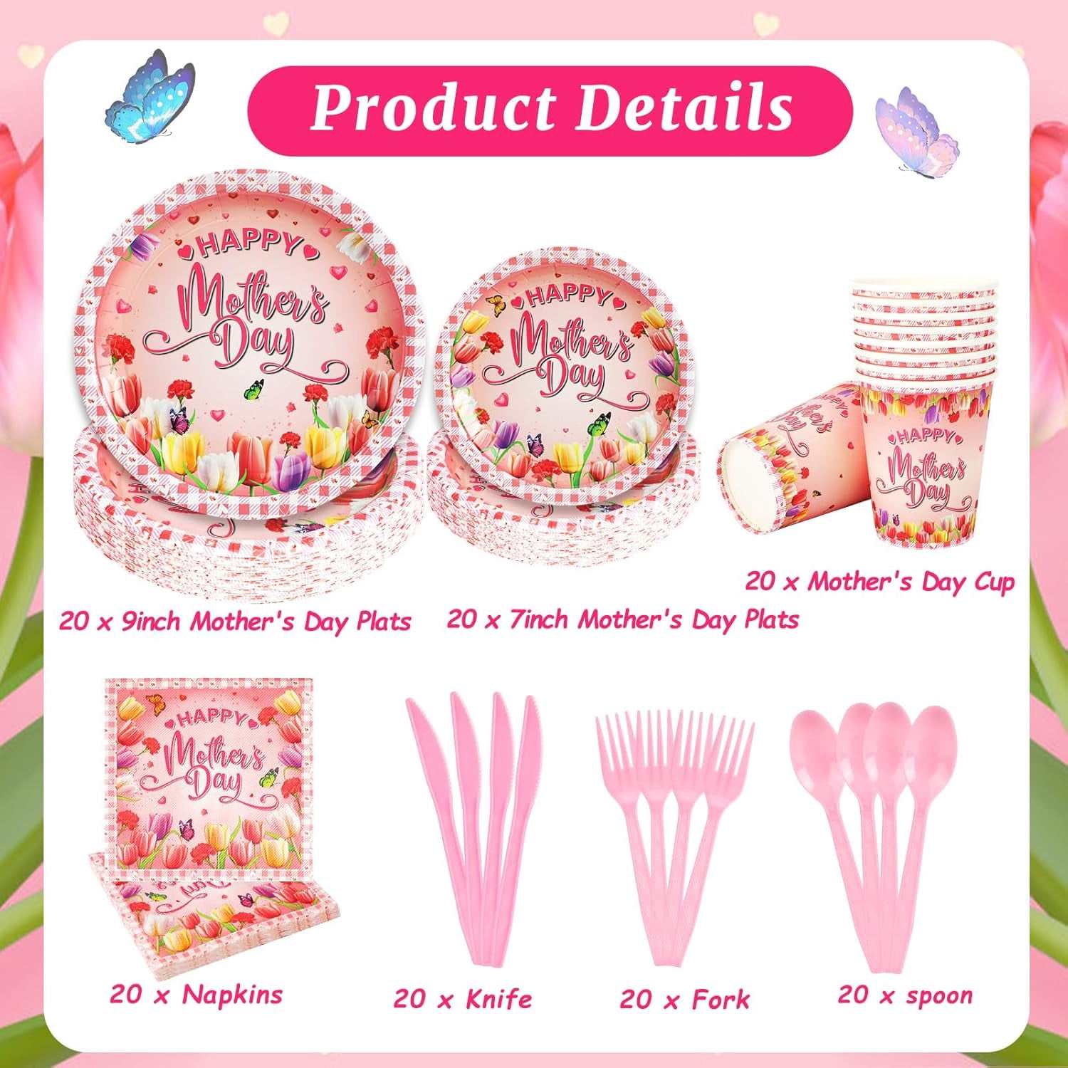 HOWAF Mother's Day Disposable Tableware Set, Floral Party Supplies for 20 Guests (Pink, 116 Piece) goy6w