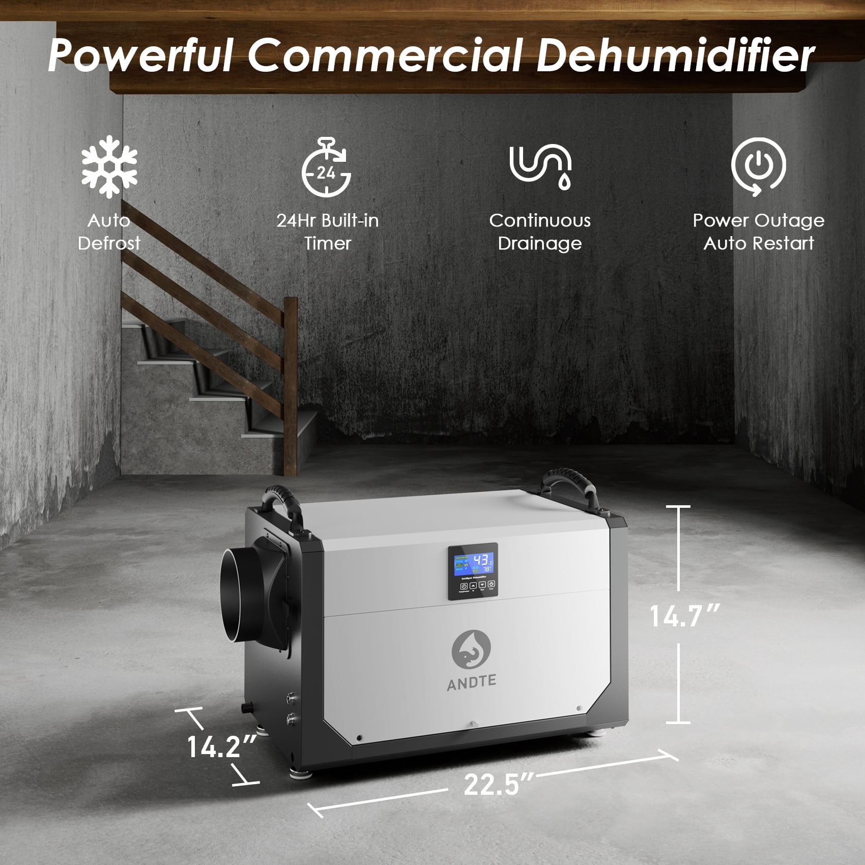 ANDTE Commercial Dehumidifier with Remote Control, High-Capacity Moisture Removal for Basements and Crawl Spaces (Grey, 145 Pints) 2mbx4