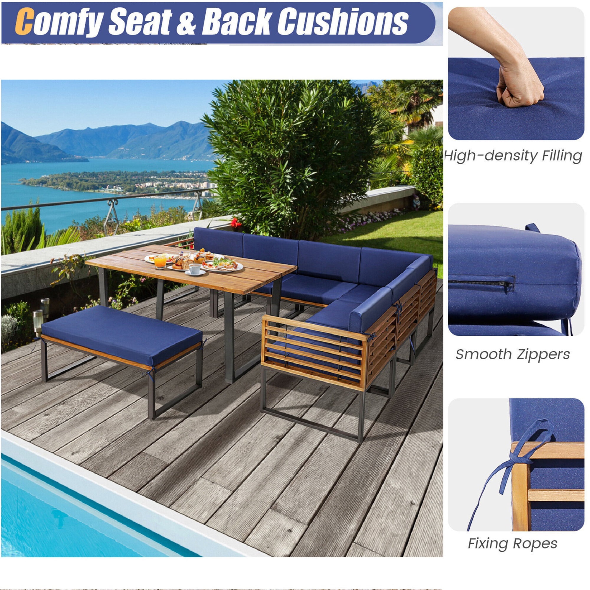 Gymax 8-Piece Patio Dining Set Acacia Wood L-Shaped Sectional Sofa with Navy Cushions (8-Piece Set) enb7g