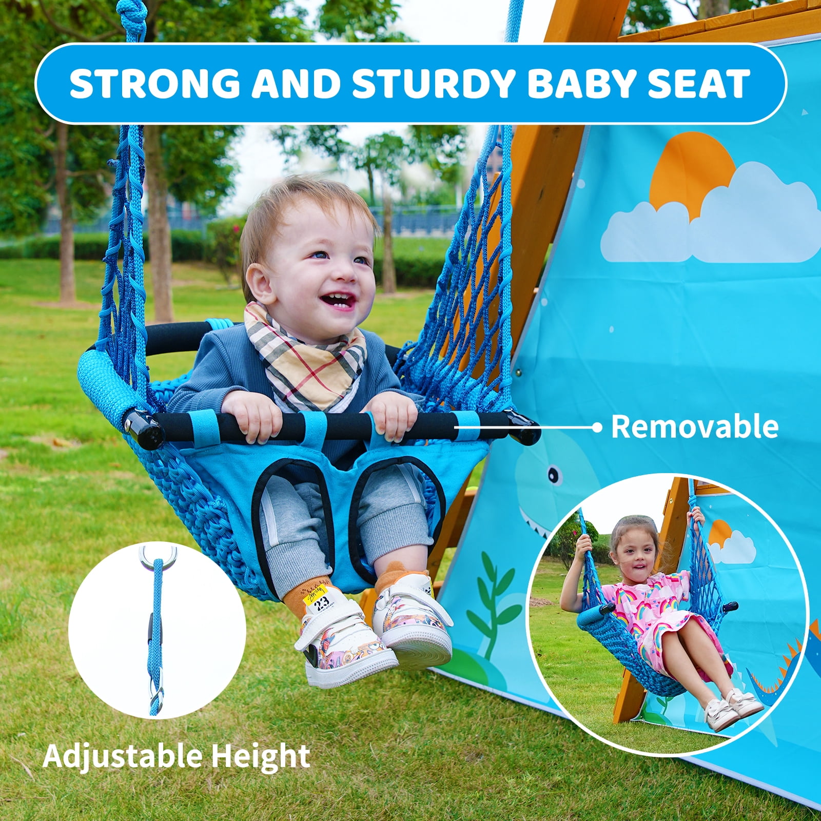 SuniBoxi Kids Backyard Wooden Playground Set with 2 Swings and Dinosaur Play Tent (Blue) o7rzi