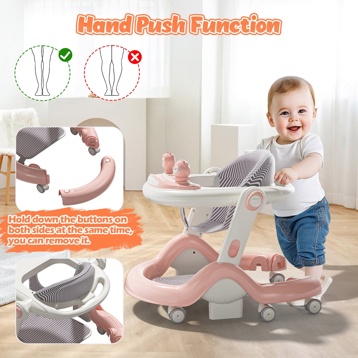 WonderStone 5-in-1 Baby Walker and Activity Center, Foldable Push Walker with Music and Lights (Pink, 27.5 in x 21 in x 19.68 in) 43quc