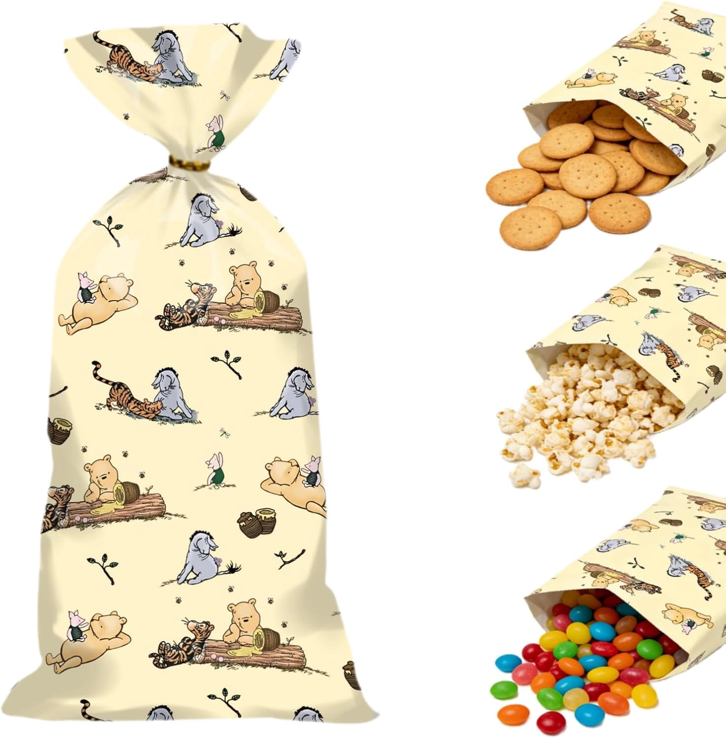 Chuu Winnie Party Favor Bags with Gold Twist Ties (100 Pack, 4.9 in x 10.8 in) 7wgho
