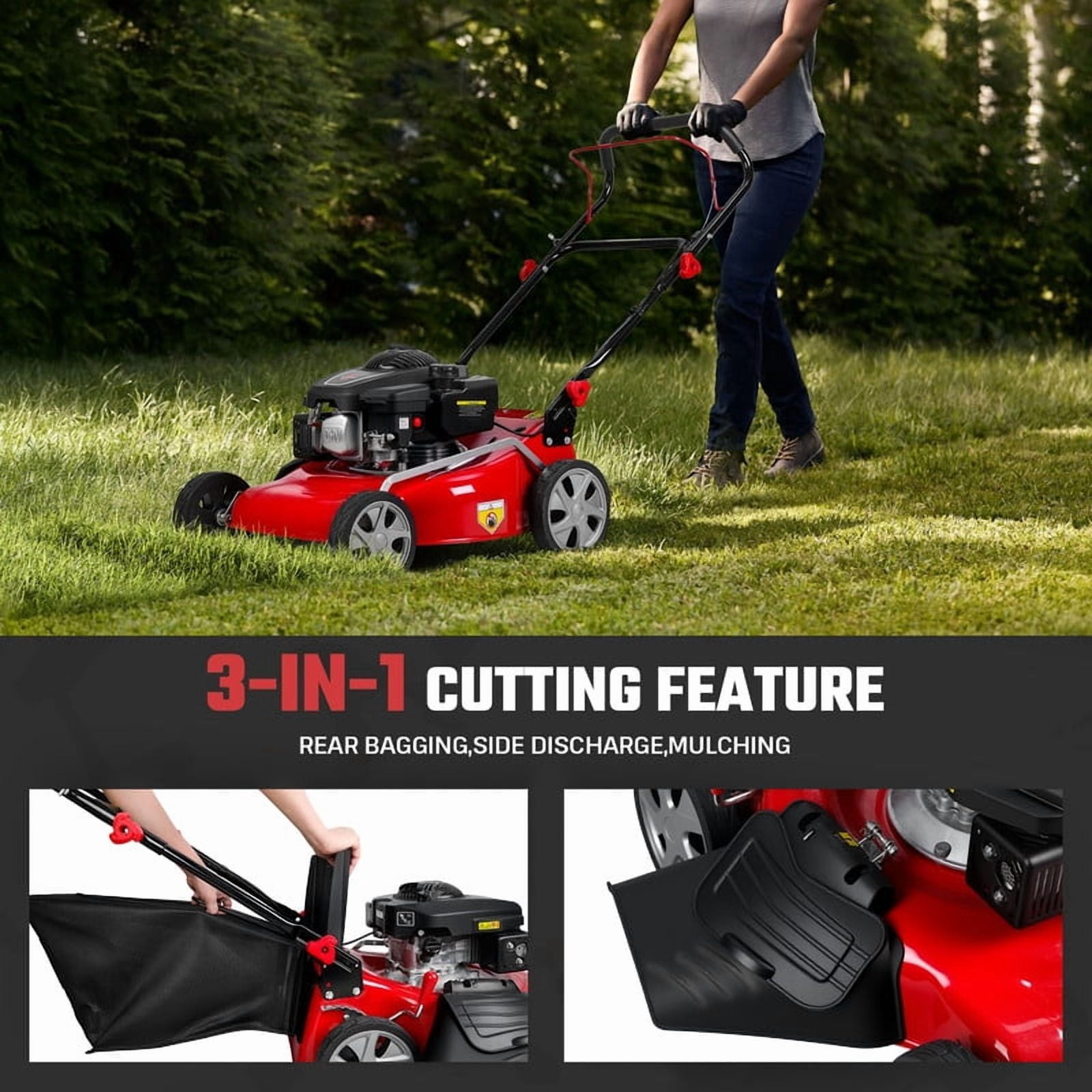 Momarys 3-In-1 Self-Propelled Gas Lawn Mower with 131CC Engine and 8-Level Height Adjustment (Red, 13.2 gal) 6z53w