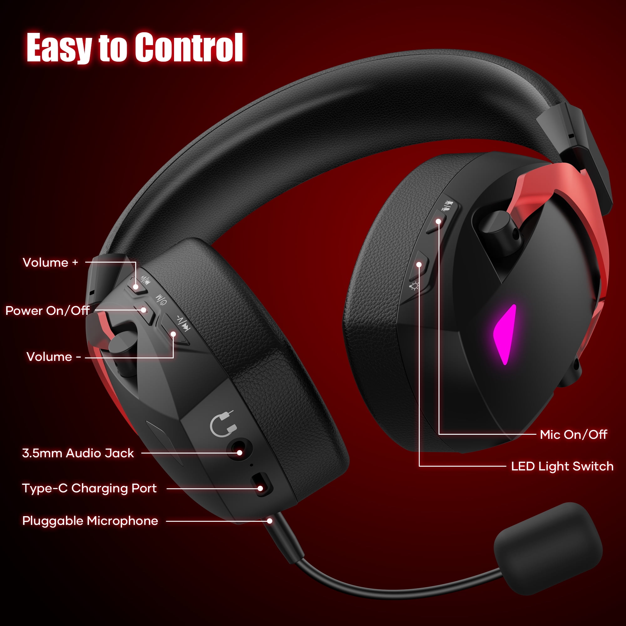 Mollan Wireless Gaming Headphones, Over-Ear Noise-Canceling Headset with RGB Lighting (Red, 1 Pack) bmij5