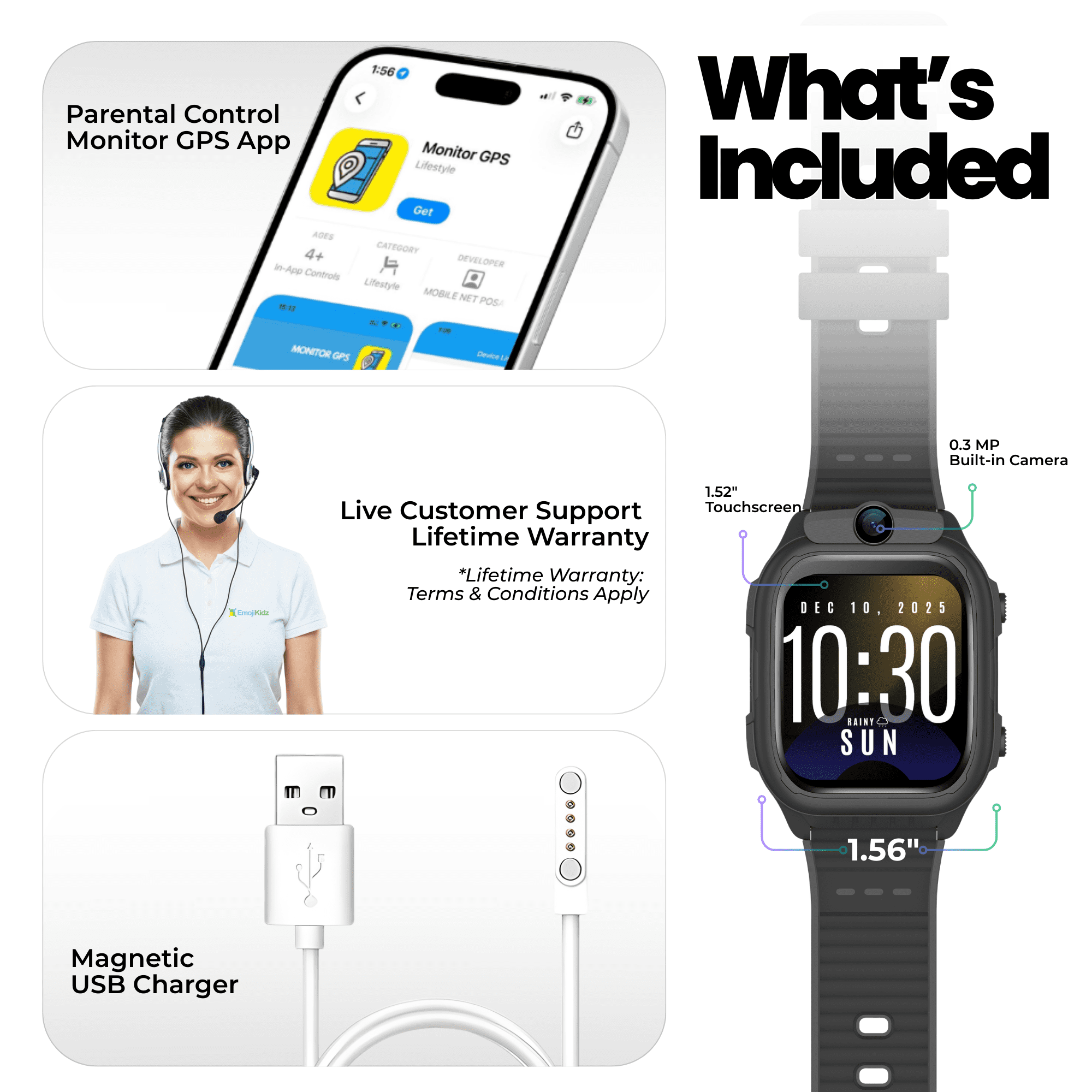 EmojiKidz 2026 GPS Smartwatch for Kids with 4G Calling, Texting, Camera, and SOS Alerts (Black, 1 Unit) 7vkj2