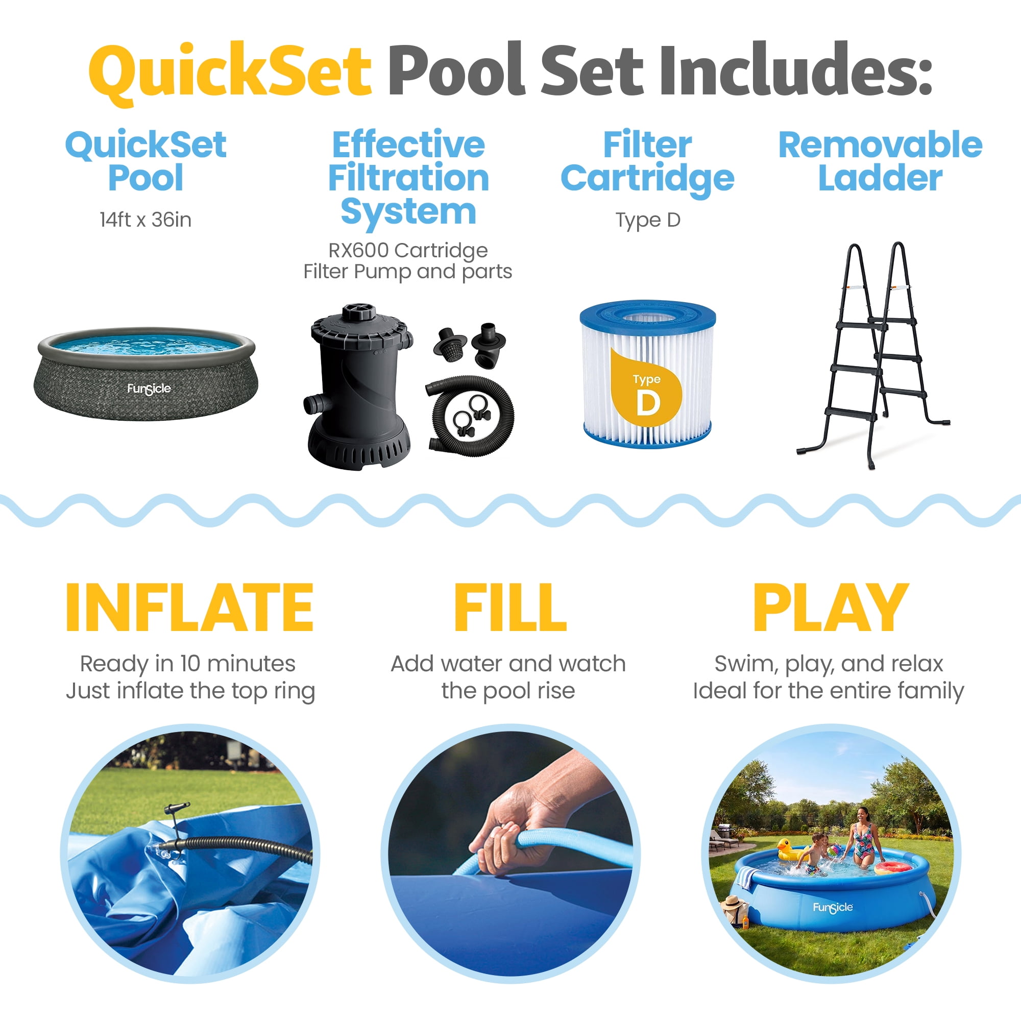 Funsicle Quickset Above Ground Swimming Pool Set with Filter Pump and Ladder (Dark Herringbone, 14 ft x 36 in) ytuw0