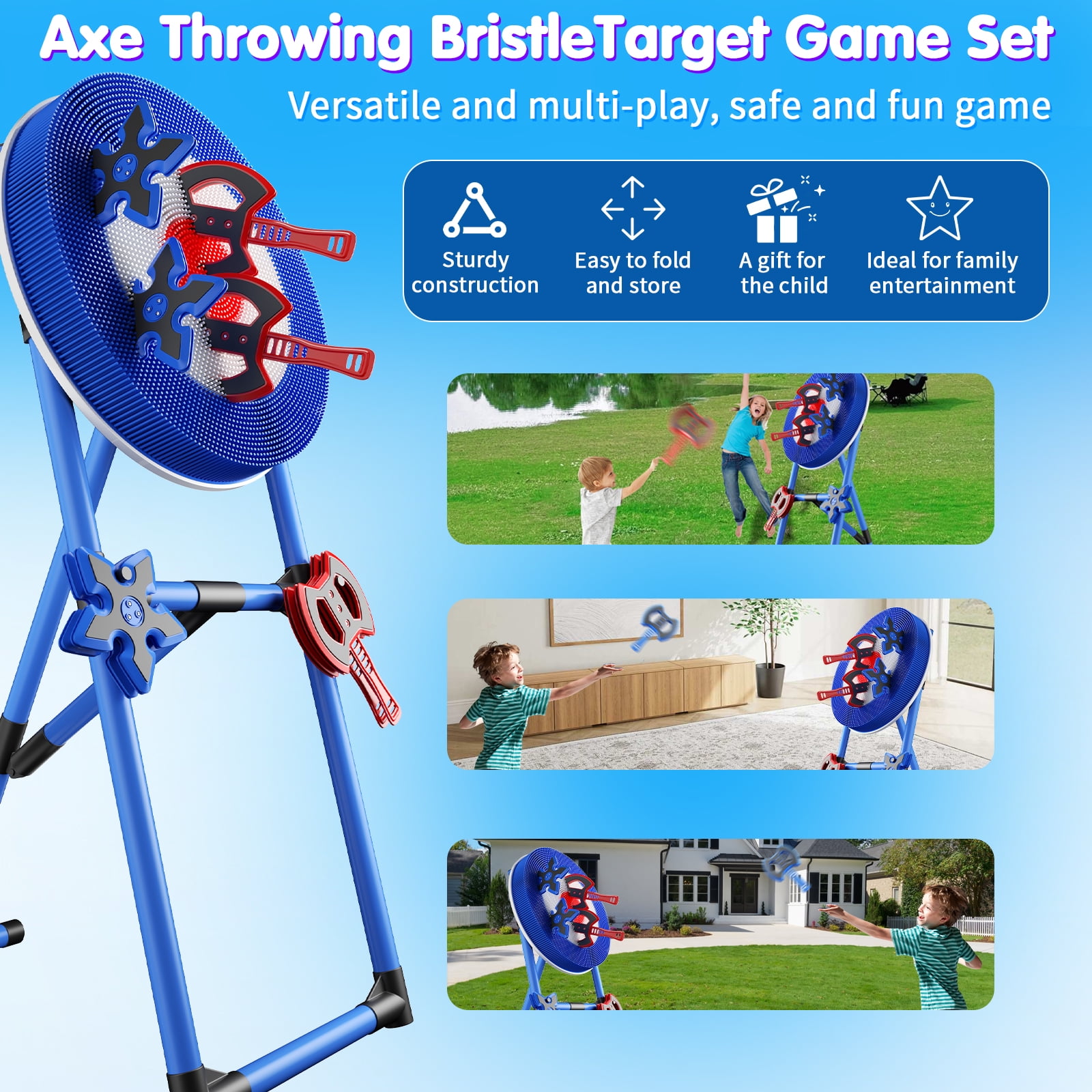 SENCHO GINSYTALIOR Family Axe Throwing Game Set with 4 Axes and 4 Darts (Blue, 9 Piece Set) f6c5y