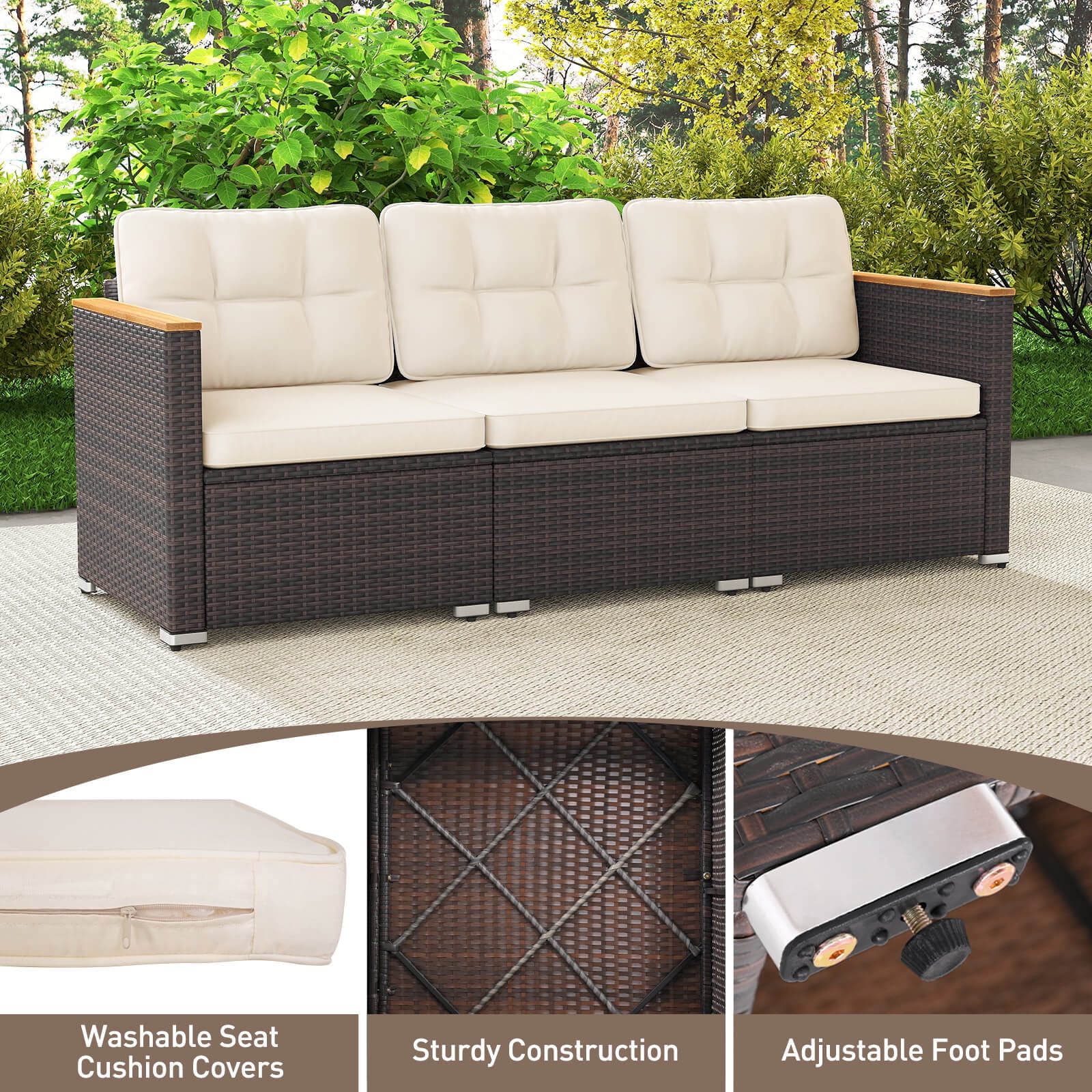 Costway 3-Seat Patio Sofa PE Rattan Wicker Outdoor Furniture Set (White, 76 in x 26 in x 25.5 in) 7z5df
