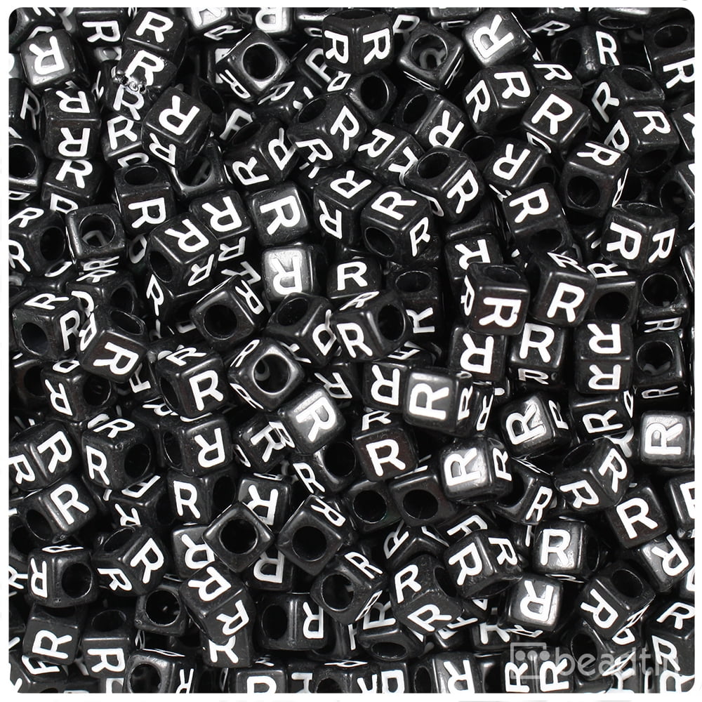 BeadTin Opaque Cube Alpha Beads - Letter R, Black with White Letter (6mm, 80-Pack) auv4d