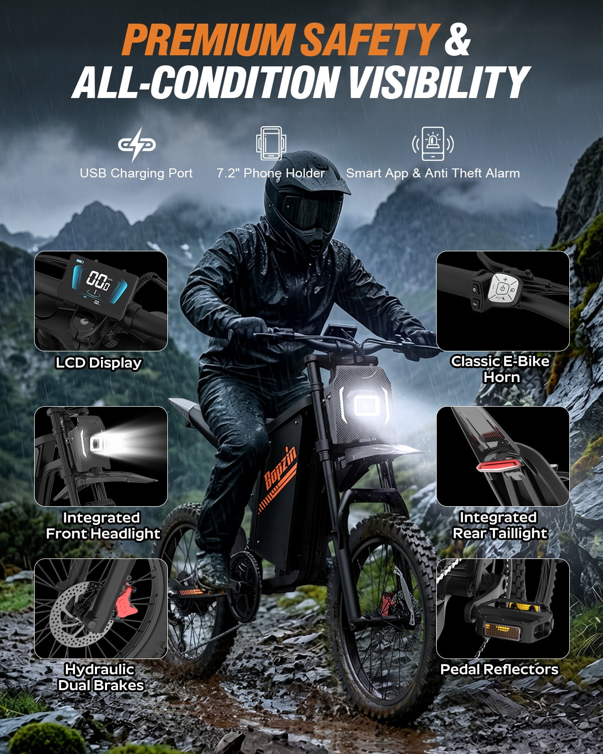 Bopzin Electric Dirt Bike for Adults, 3000W Off-Road E-Bike with App Control and Anti-Theft Alarm (20 in Fat Tire, 60V 25Ah) gtjzx