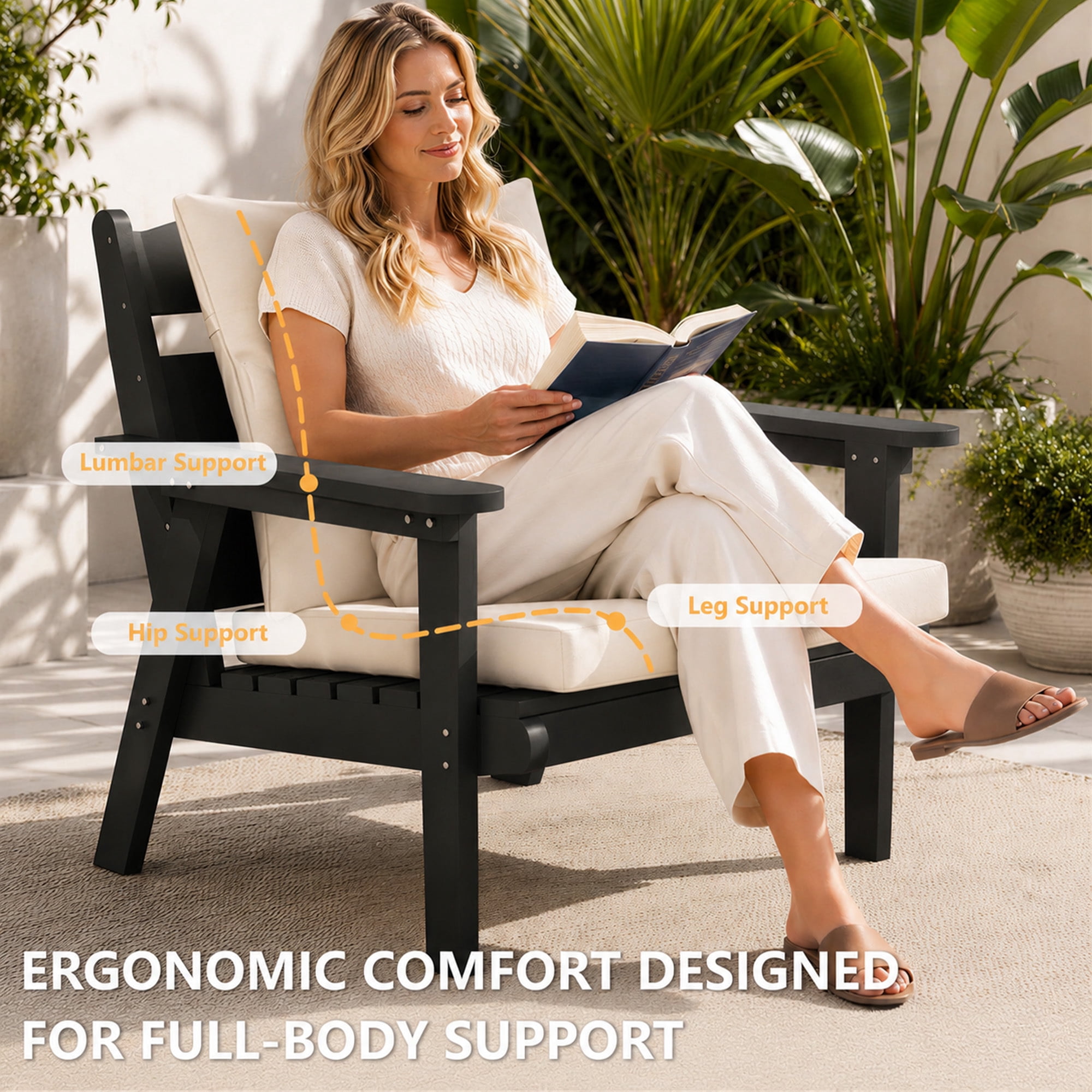 FOOWIN 4-Piece Patio Furniture Set, Weather-Resistant HDPE Outdoor Conversation Set with Cushions (Black Frame, Beige Cushion, 4-Piece Set) t7gph