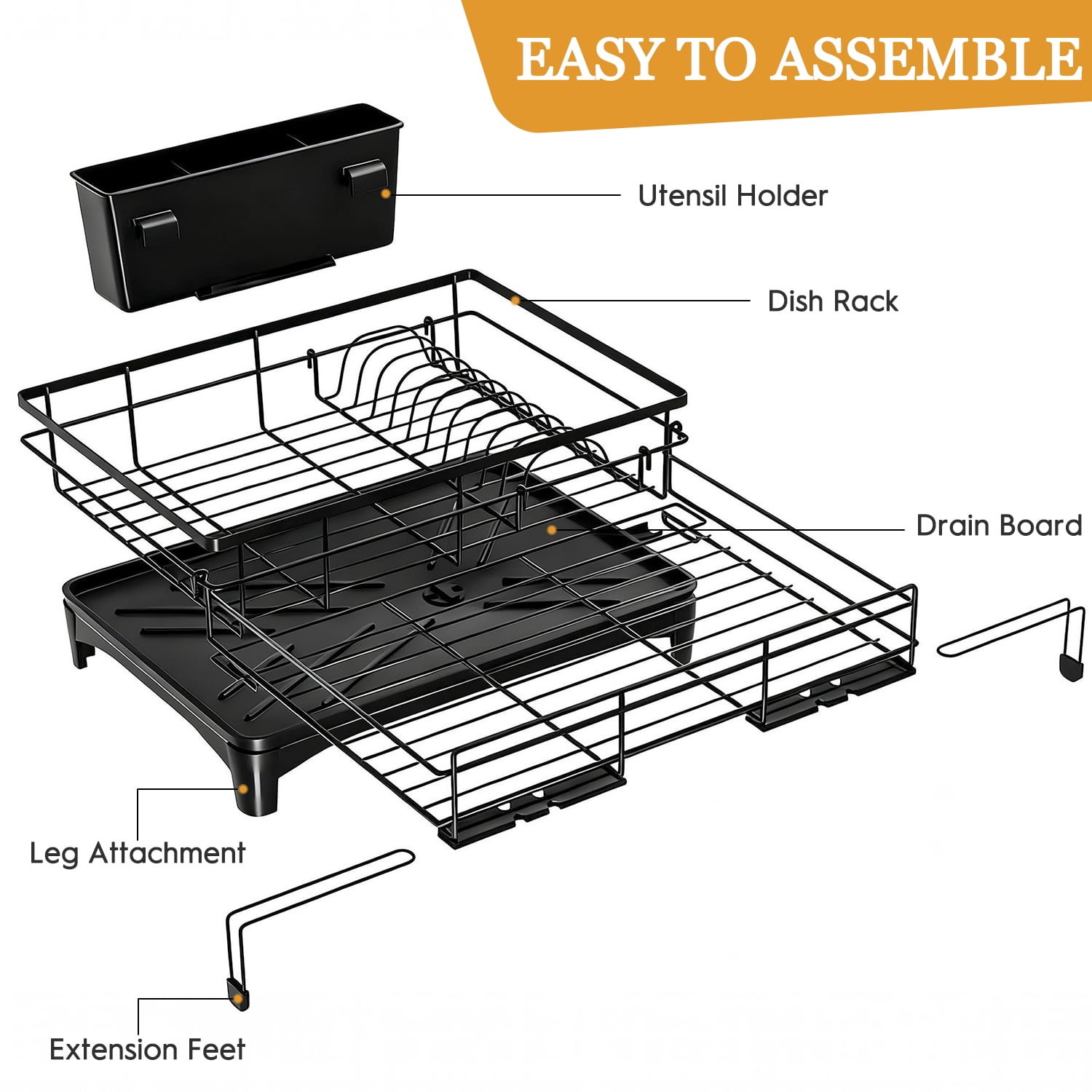 AOKIWO Extendable Dish Drying Rack, Large Capacity Kitchen Counter Drainer with Utensil Holder (Black, 11 in to 21.7 in) gbbk8