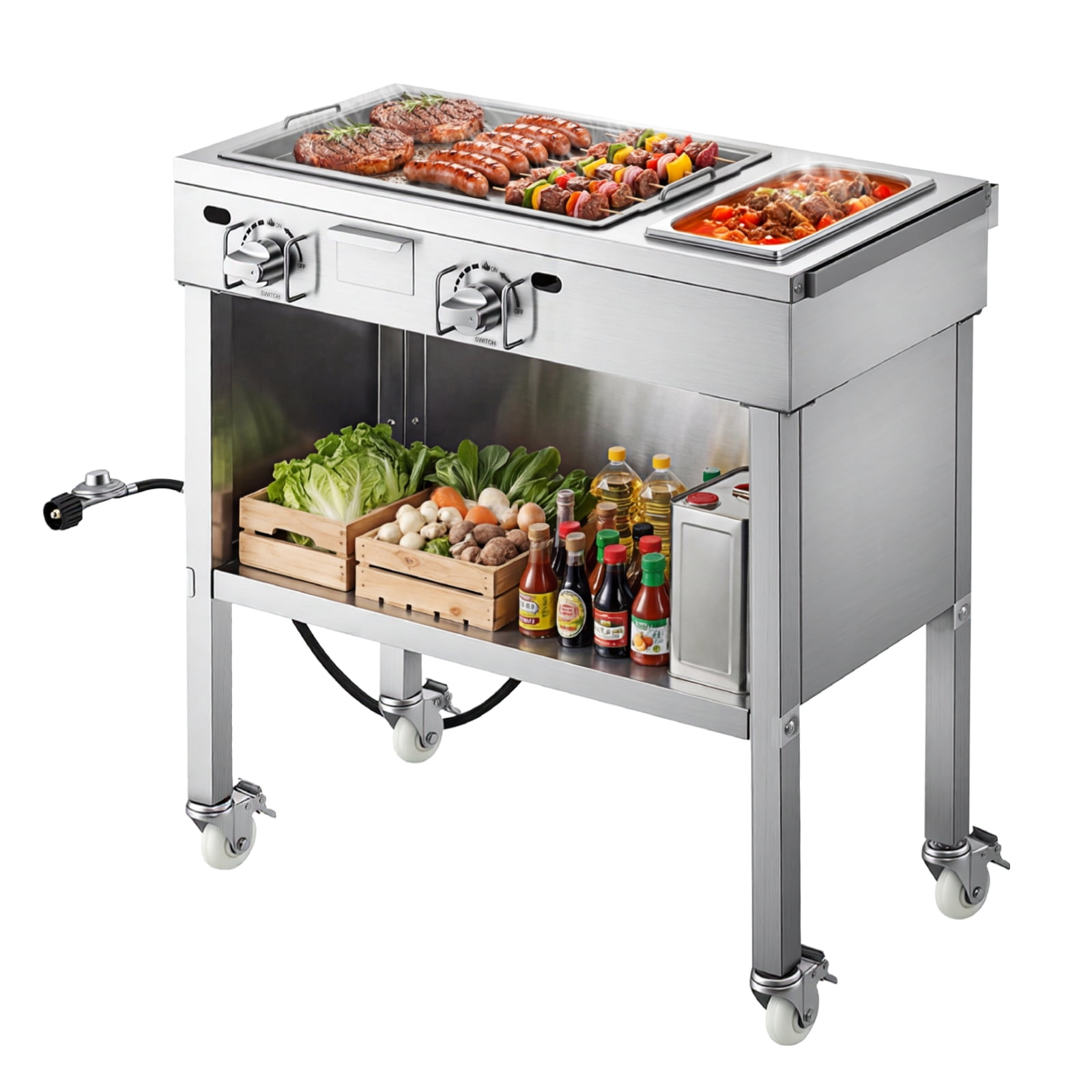 KFFKFF Outdoor Propane Griddle with 2 Burners, Stainless Steel Gas Cooking Cart with Lockable Wheels (Silver, 23,200 BTU) 57oed