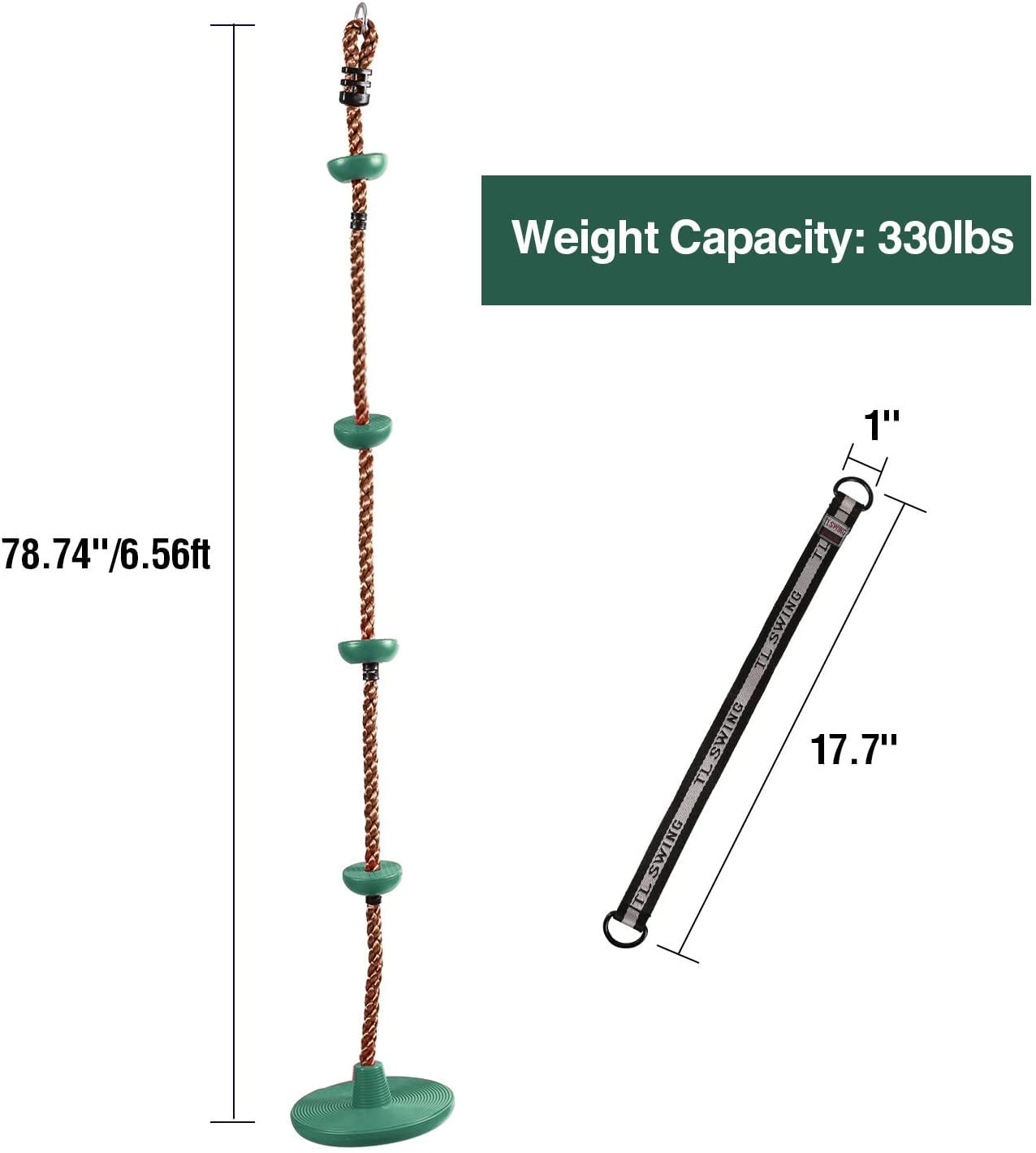 Redcamp Climbing Rope Disc Swing Set with Hanging Strap and Snap Hooks (Green, 6.5 ft) w8302