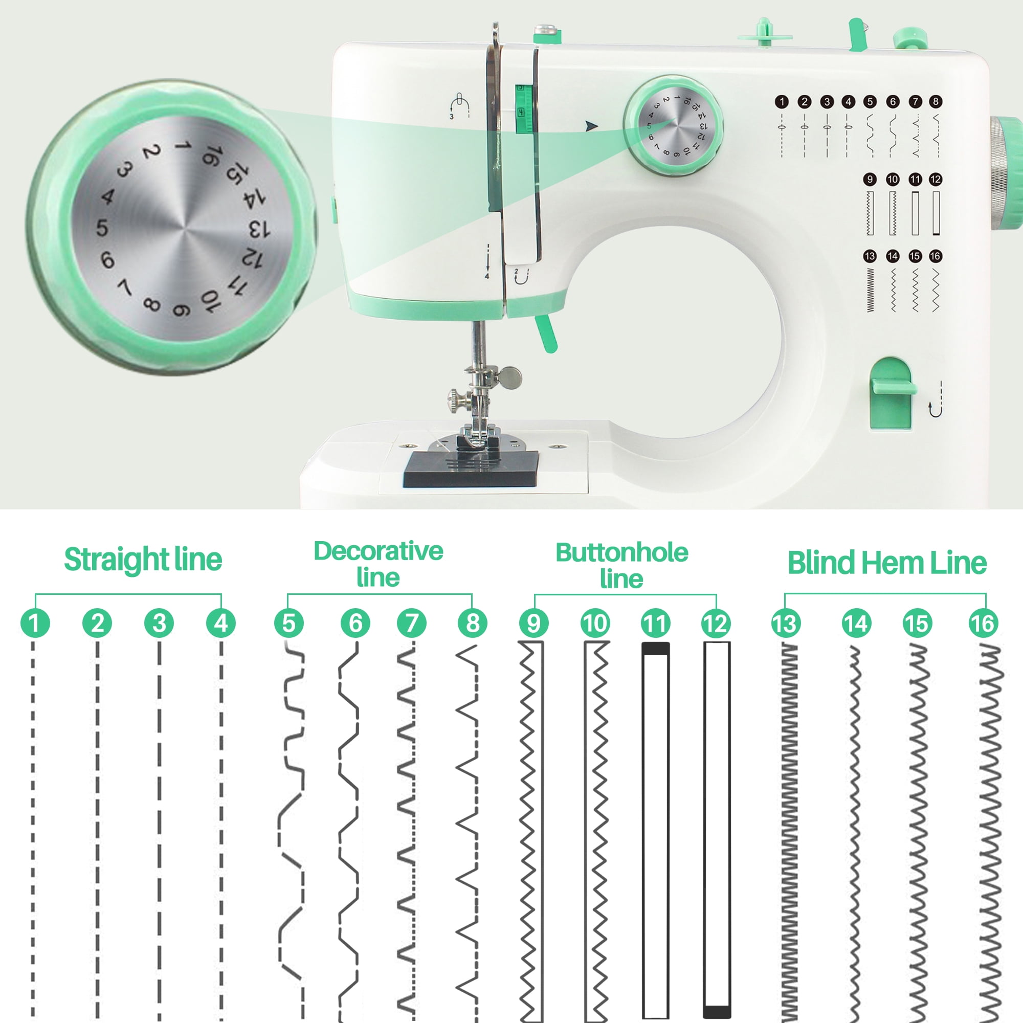 BCOOSS Portable Sewing Machine for Beginners with 16 Built-in Stitches and Foot Pedal (Green, 1 Unit) fj9r0