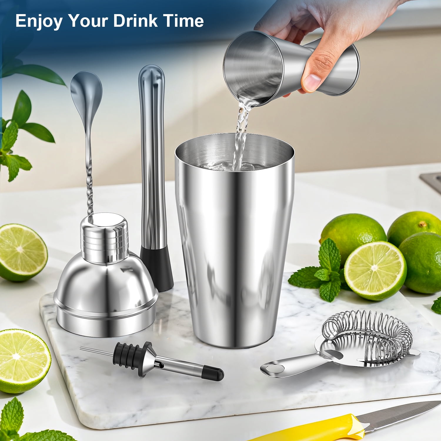TINANA Stainless Steel Cocktail Shaker Set, Professional Bartender Kit with Bamboo Stand (Silver, 25 oz) p30f5