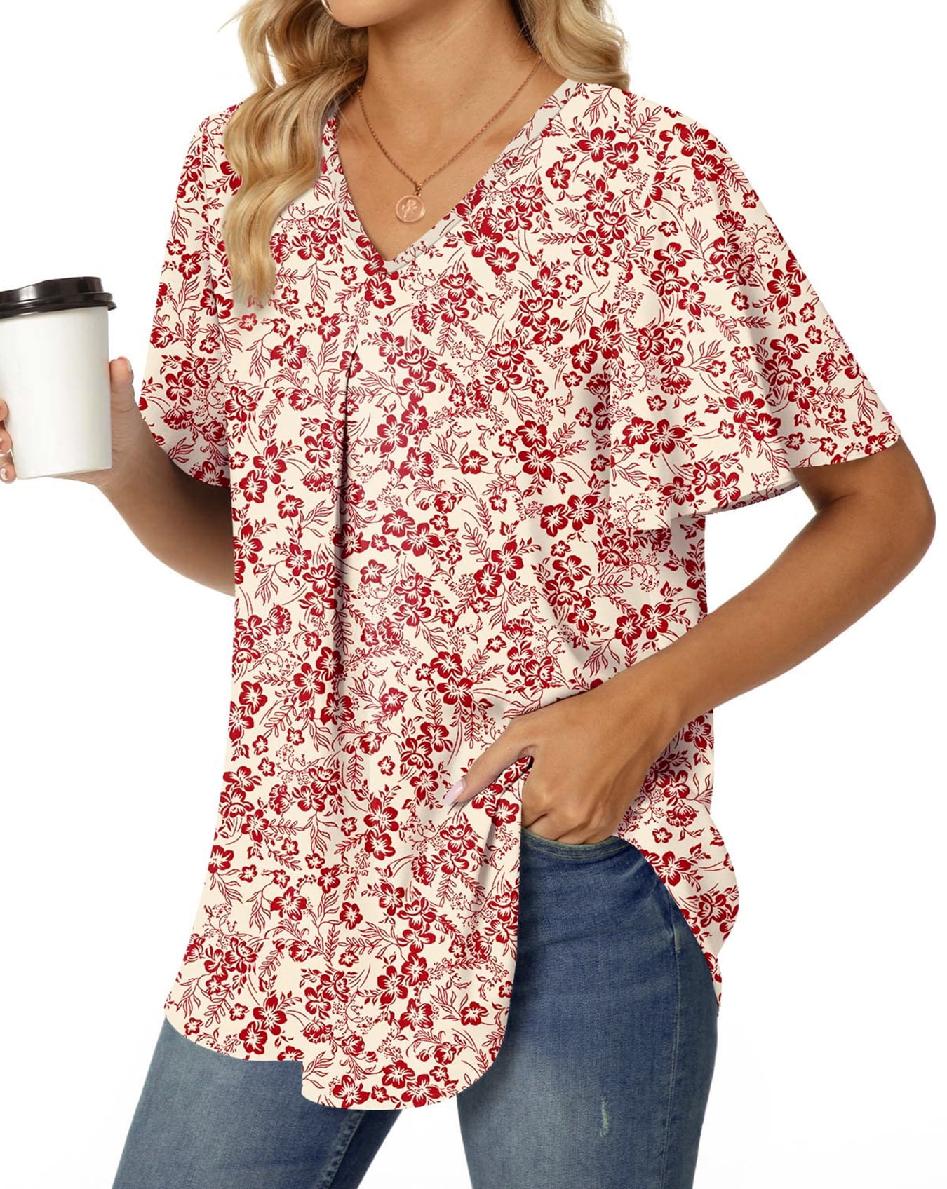 Fantaslook Womens V Neck Tunic Blouse Short Sleeve Dressy Casual Work Shirt (Red, L) h75sl