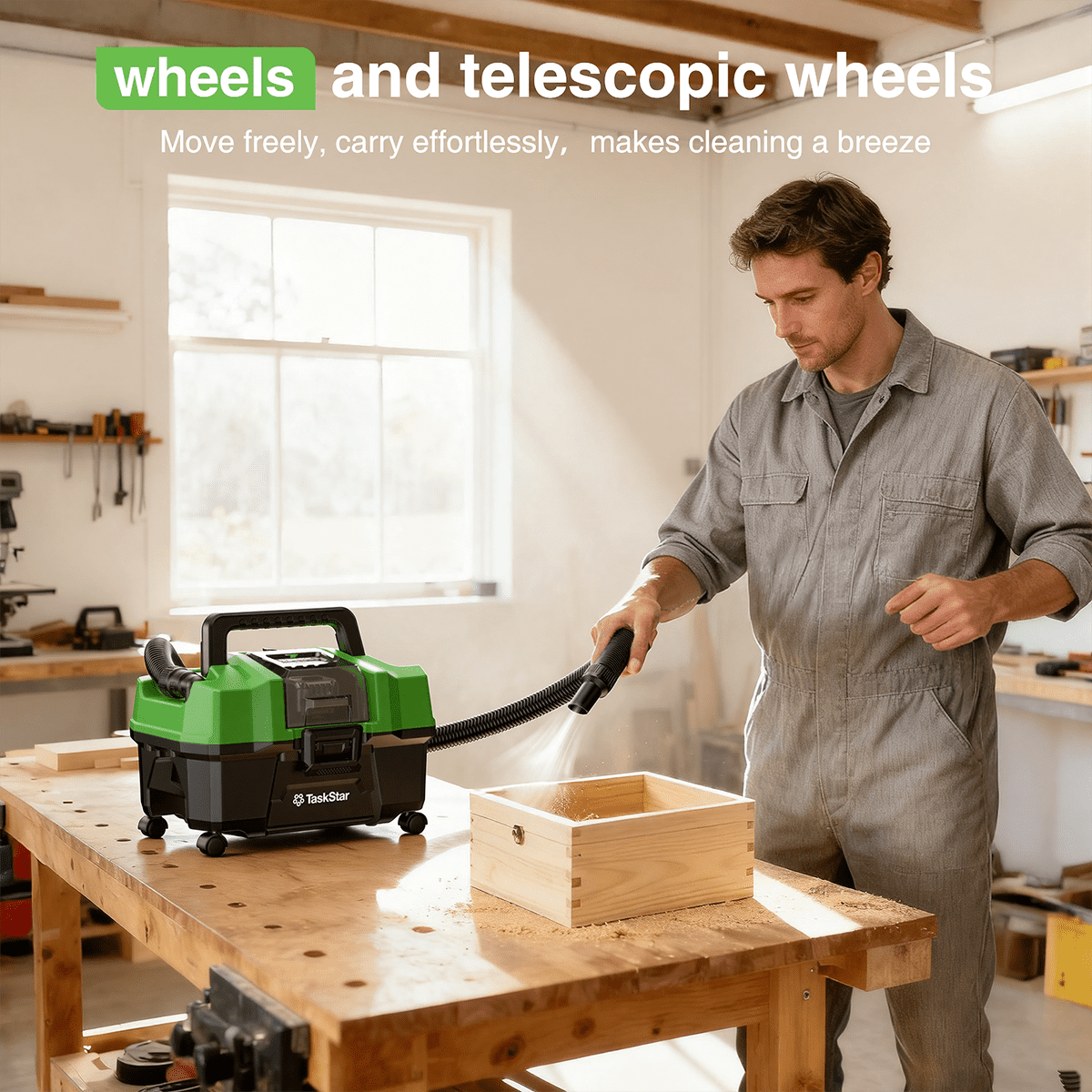 TaskStar Cordless Wet Dry Shop Vacuum with Blower, Brushless Motor, 2 Batteries, Portable Shoulder Strap (Green, 2.6 gal) hcs8i
