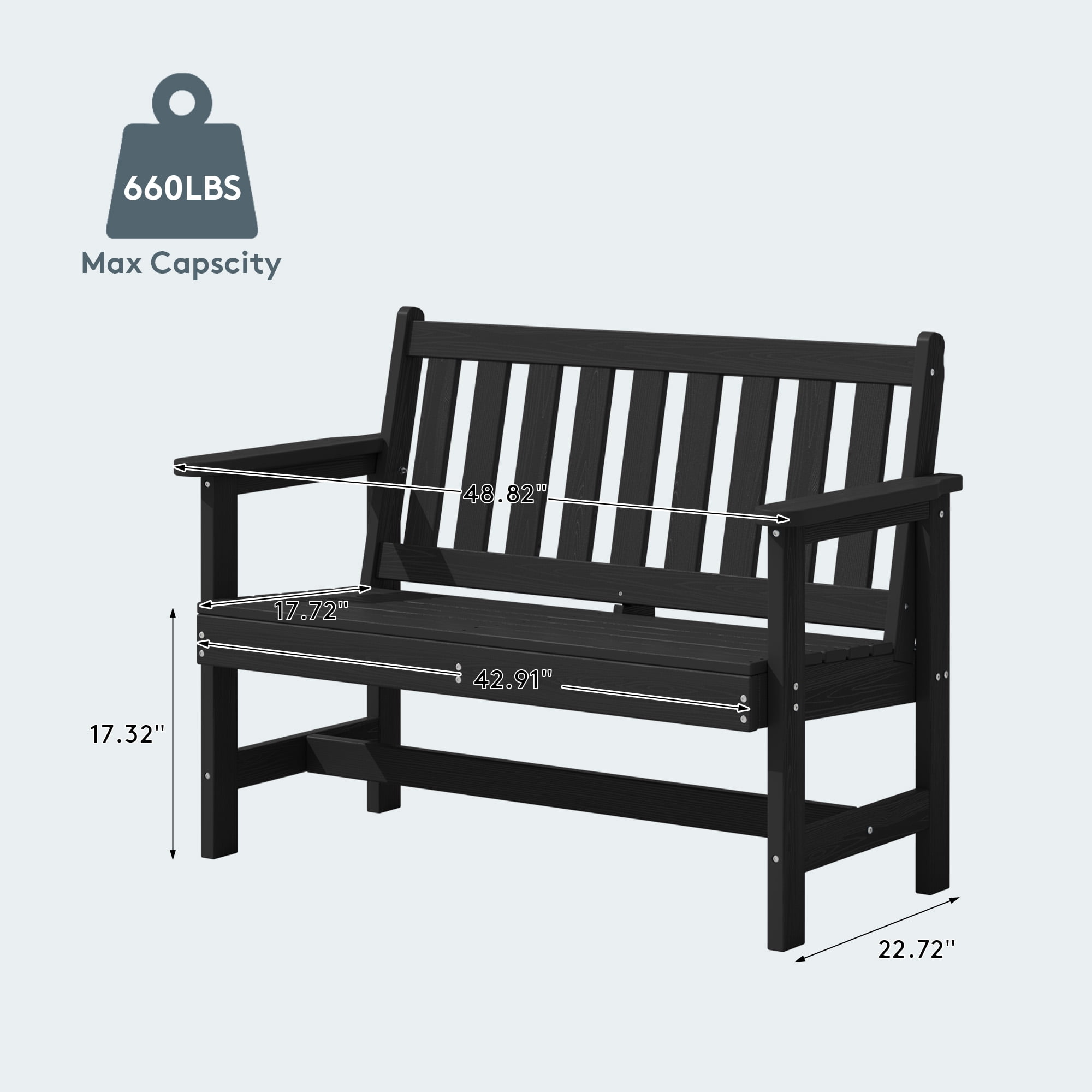 SERWALL Outdoor Patio Bench, Weather-Resistant HDPE 2-Person Garden Seating with Aluminum Reinforcement (Black, 48.82 in W) u8v4c