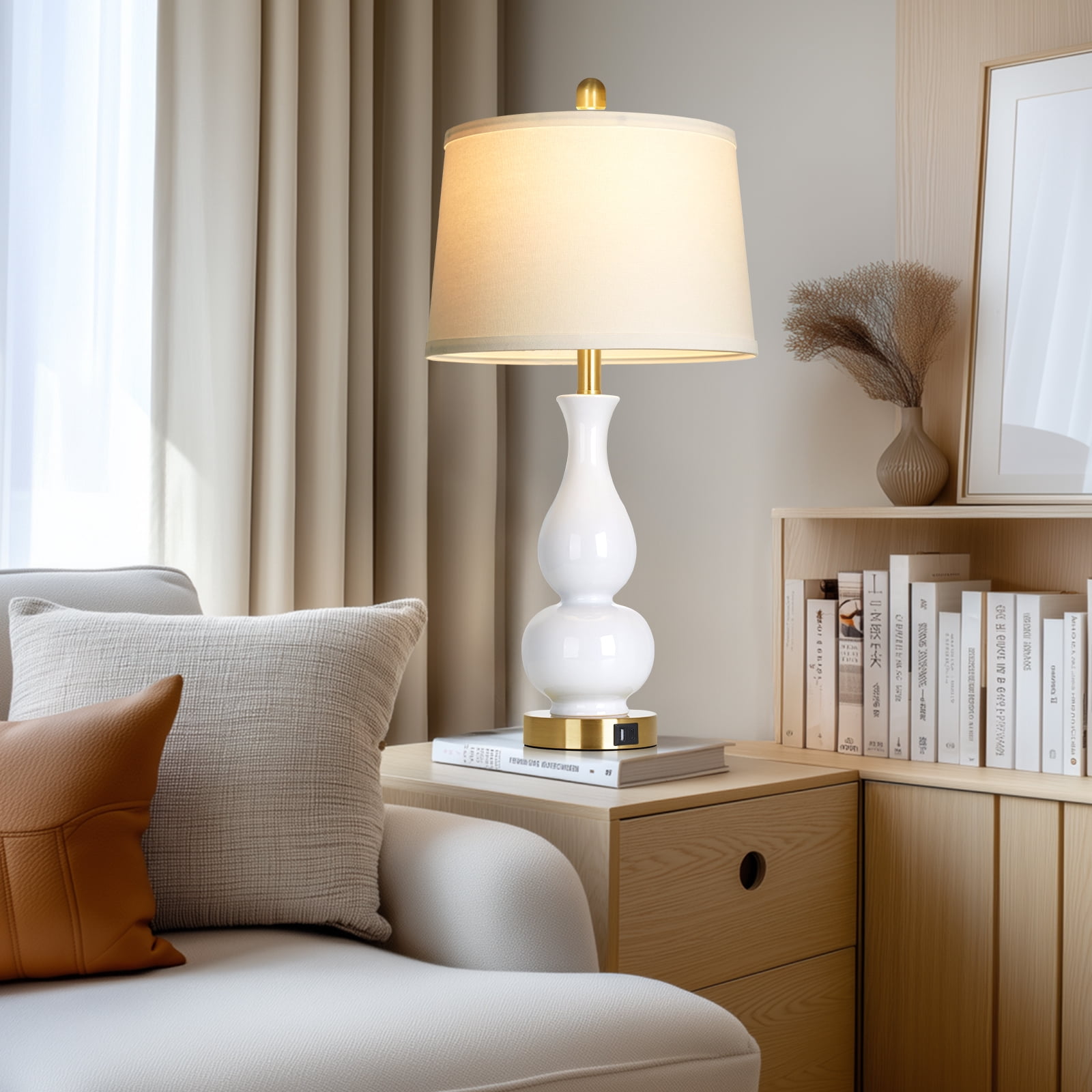 Lolikit Modern Ceramic Table Lamp Set (2-Pack, 27 in, White, USB Charging Ports) j5xuv