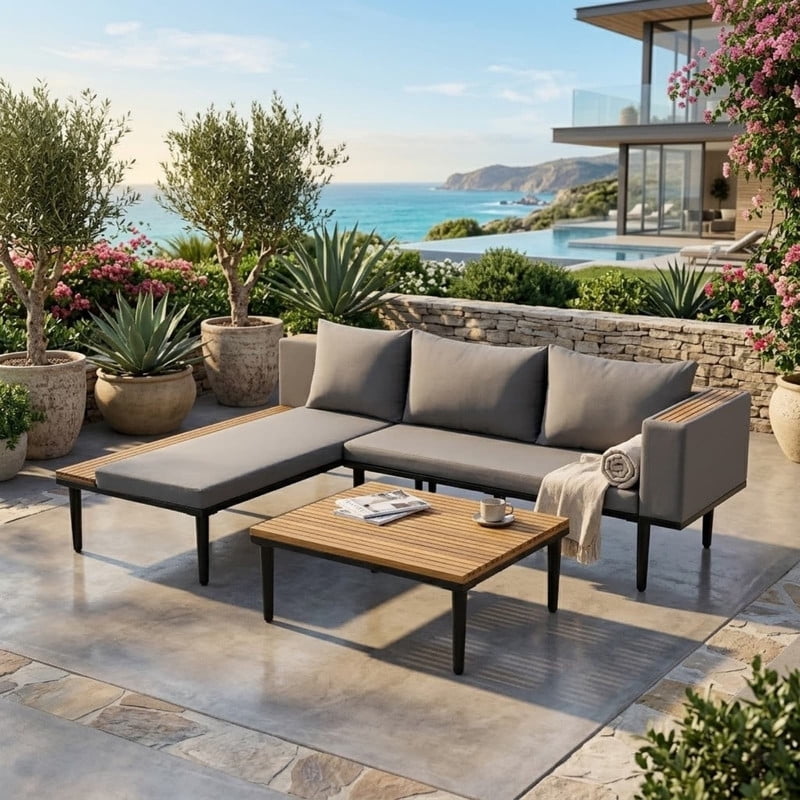 Wakefit Acacia Wood Outdoor Sectional Sofa Set with Coffee Table and Side Table (Grey, 1 Set) 4cu6k