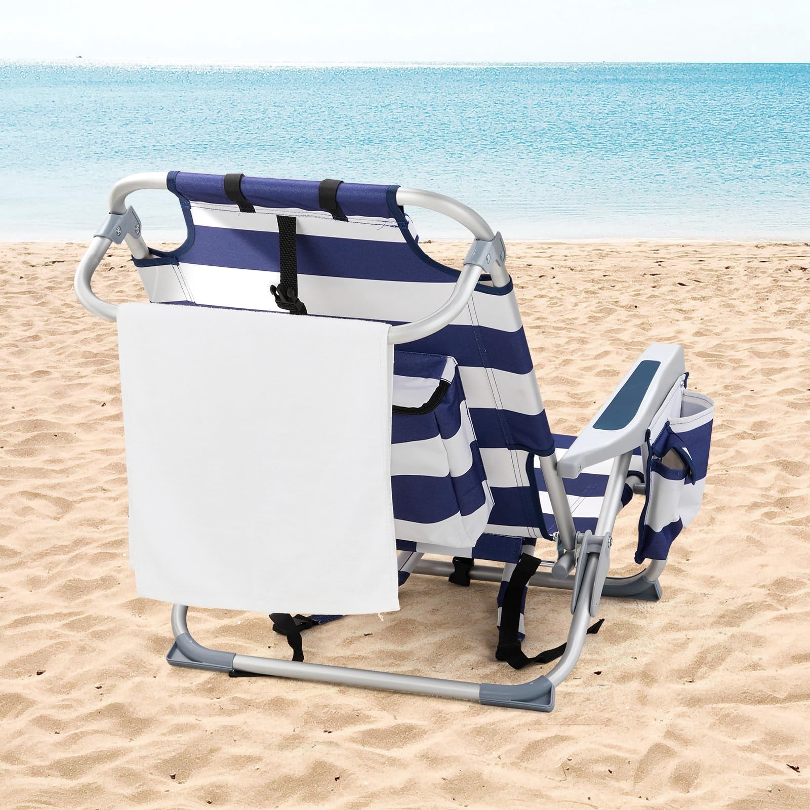 ECommerce,LLC Backpack Beach Chair, 5-Position Reclining Folding Chair with Cooler and Storage Pouch (Blue and White, 7.3 lb) 3fiwj