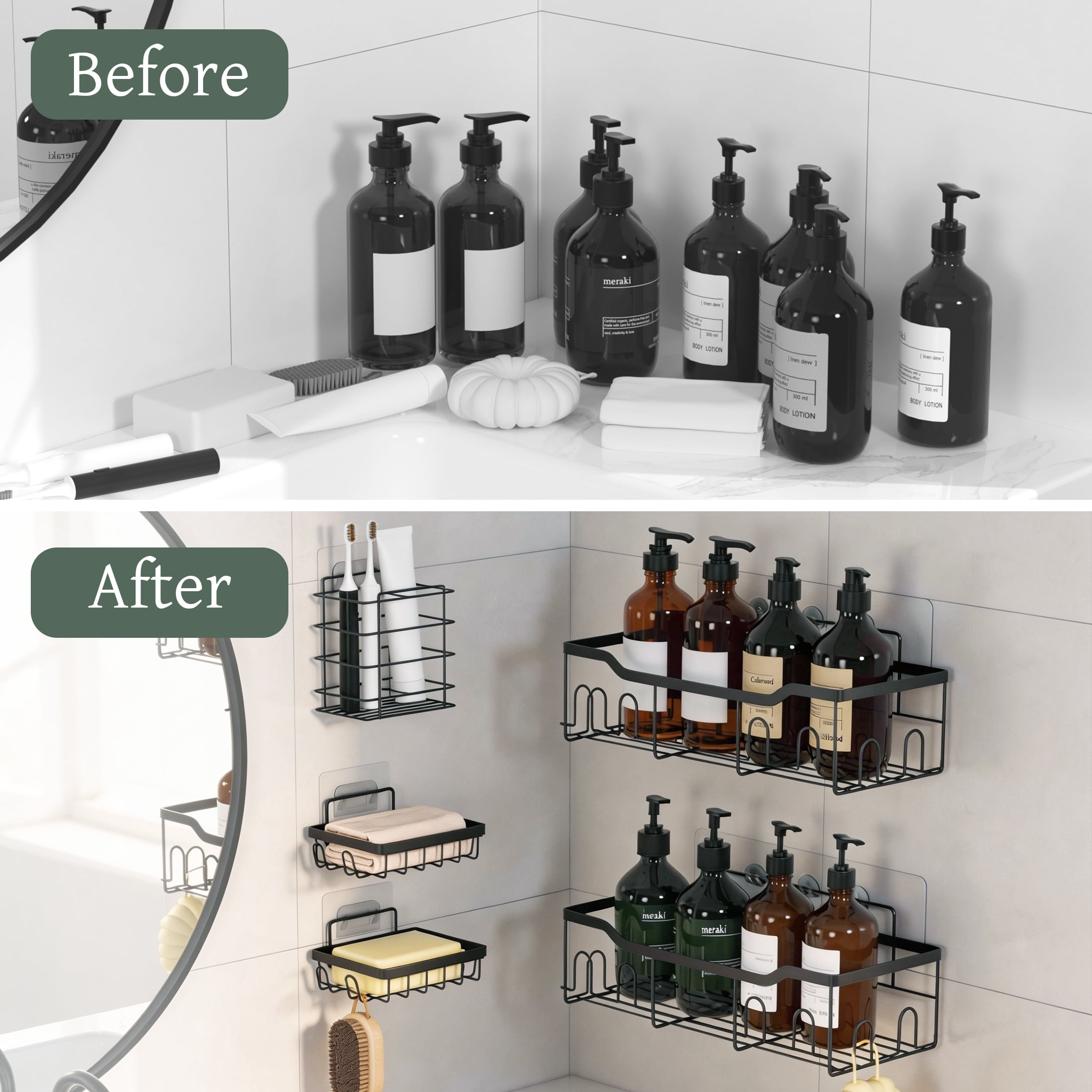 Siaomo Adhesive Shower Caddy Organizer Set, Rustproof Stainless Steel Bathroom Shelves with Hooks (Black, 5 Pack) h1jd6