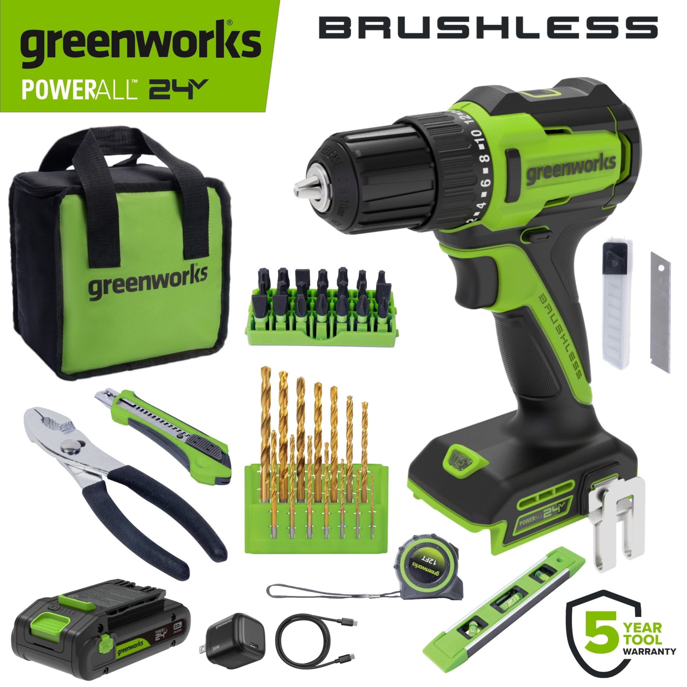 Greenworks PowerAll 24V Brushless 3/8 in Drill Driver and Hand Tool Kit (Green, 2Ah Battery) cbpj3