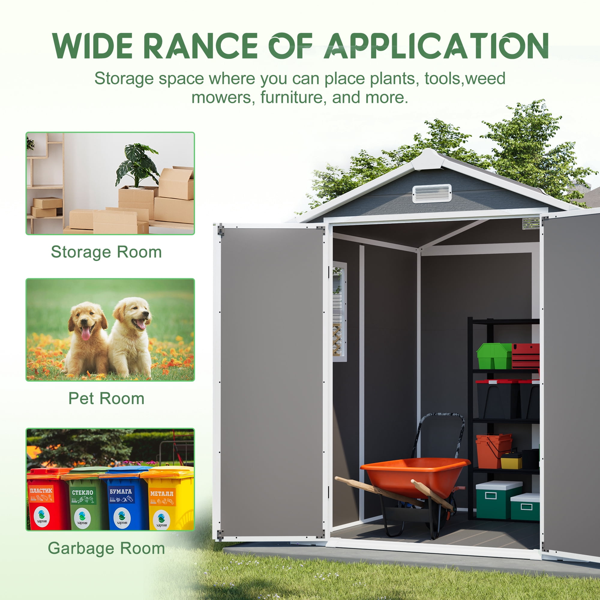 LZBEITEM 6 ft x 6 ft Outdoor Storage Shed, Weather-Resistant Resin Tool Shed with Heavy-Duty Floor and Lockable Doors (Grey, 205 cu.ft) sgccu