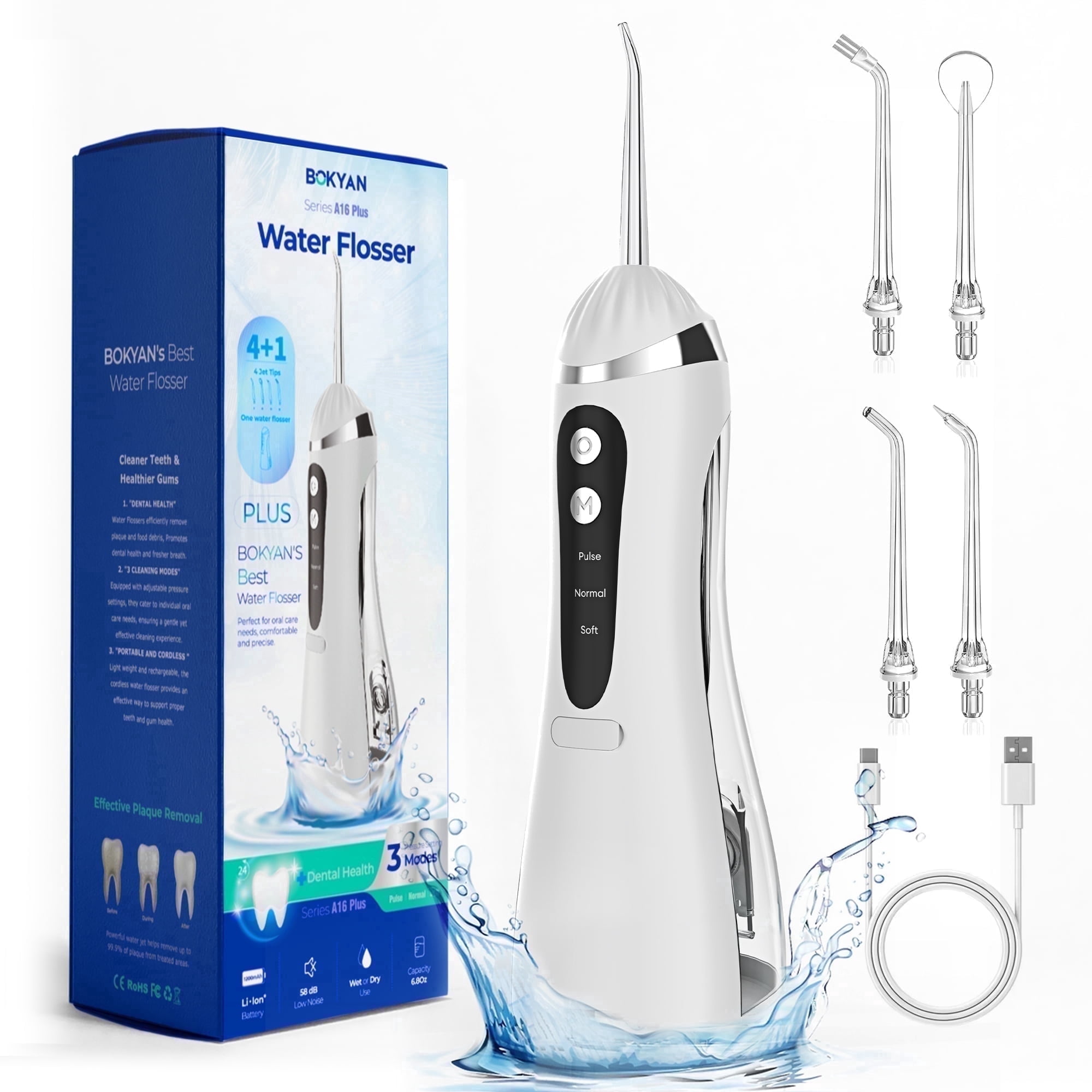 BOKYAN Cordless Water Flosser for Teeth, Portable Electric Dental Oral Irrigator with 3 Modes (White, 6.76 fl oz) qyg43