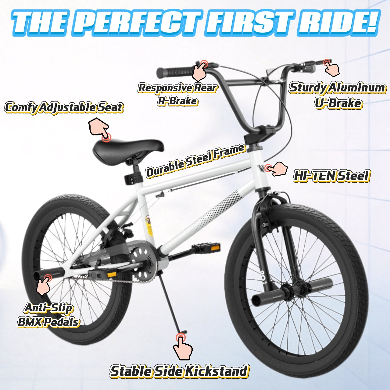 Korimefa Freestyle BMX Bike for Kids, Durable Steel Frame with Hand Brakes and Shock-Absorbing Tires (White, 18 in) idu2v